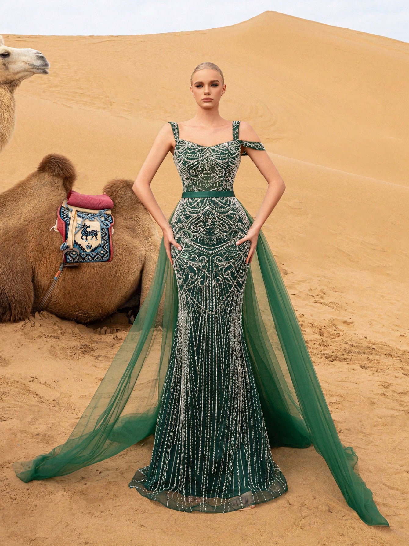 Gorgeous Off Shoulder Mermaid Hem Mesh Train Graphic Beaded Formal Dresses & Evening Gowns