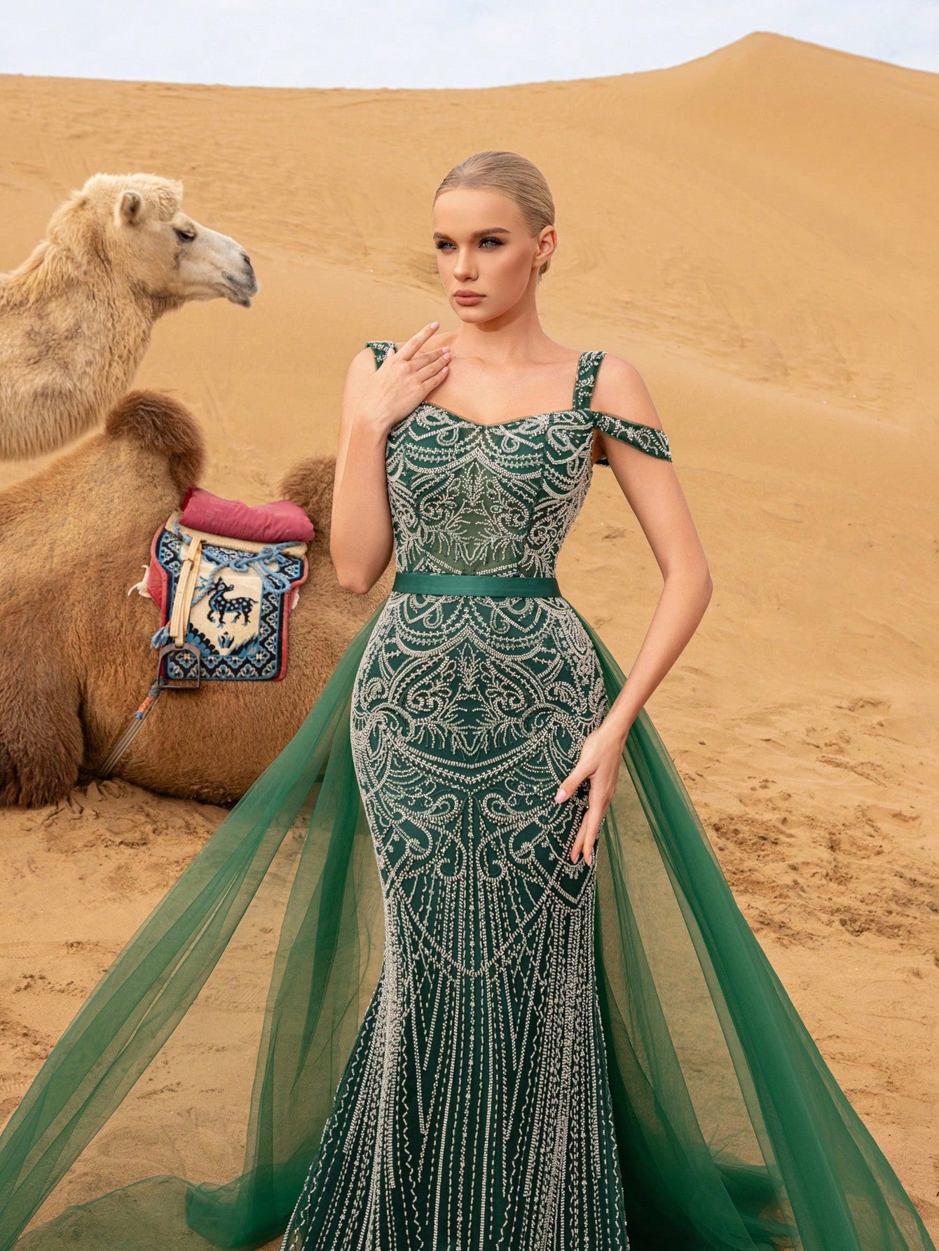 Gorgeous Off Shoulder Mermaid Hem Mesh Train Graphic Beaded Formal Dresses & Evening Gowns