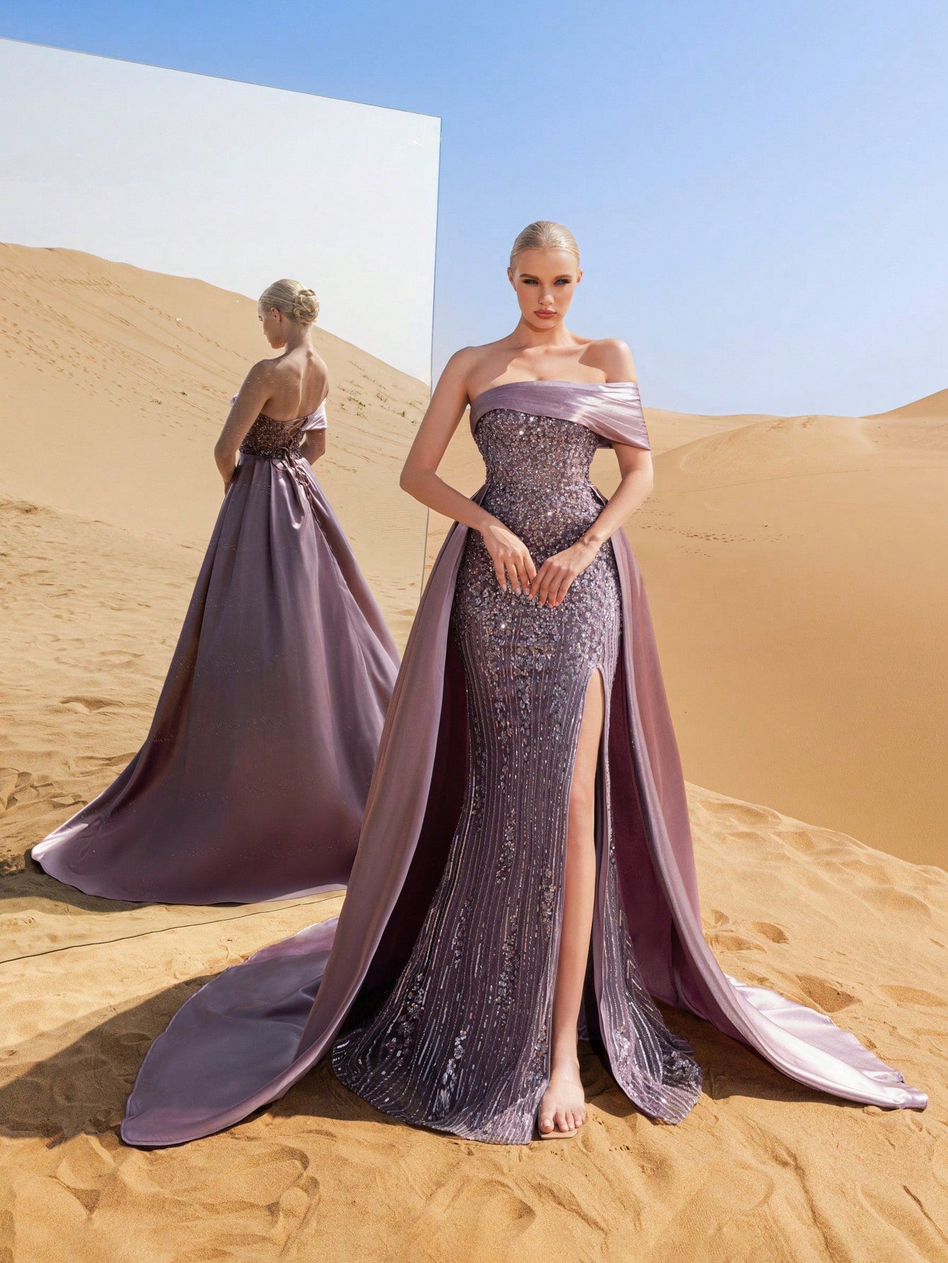 Luxury Sparkling Sequin-Beaded Off-Shoulder Gown with High-Slit Hem & Satin Trail