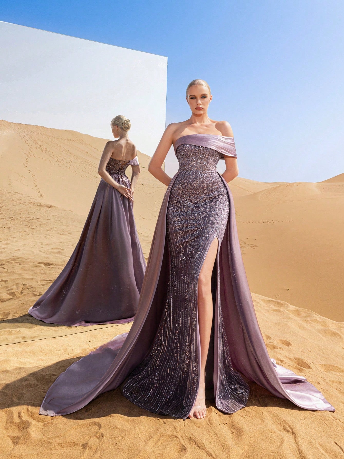 Luxury Sparkling Sequin-Beaded Off-Shoulder Gown with High-Slit Hem & Satin Trail