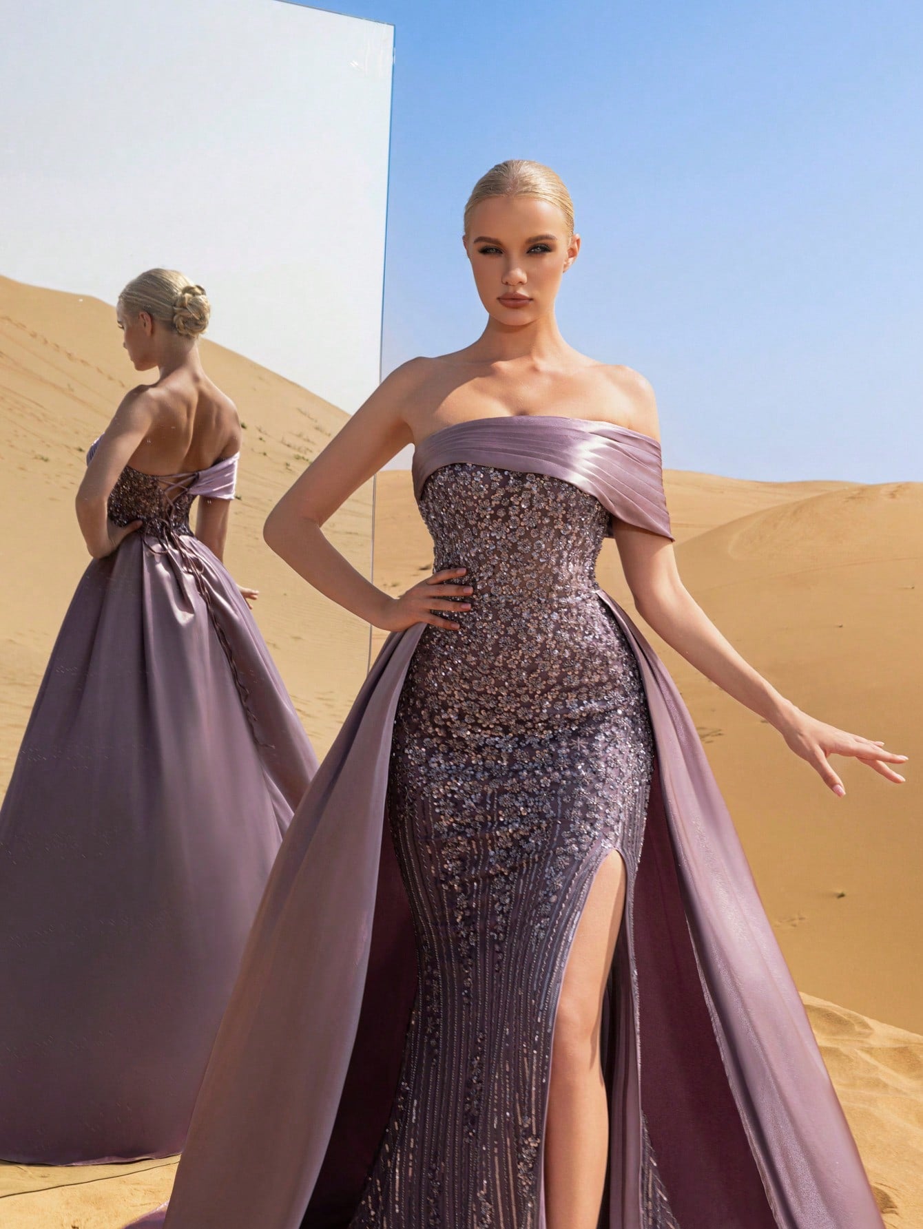 Luxury Sparkling Sequin-Beaded Off-Shoulder Gown with High-Slit Hem & Satin Trail