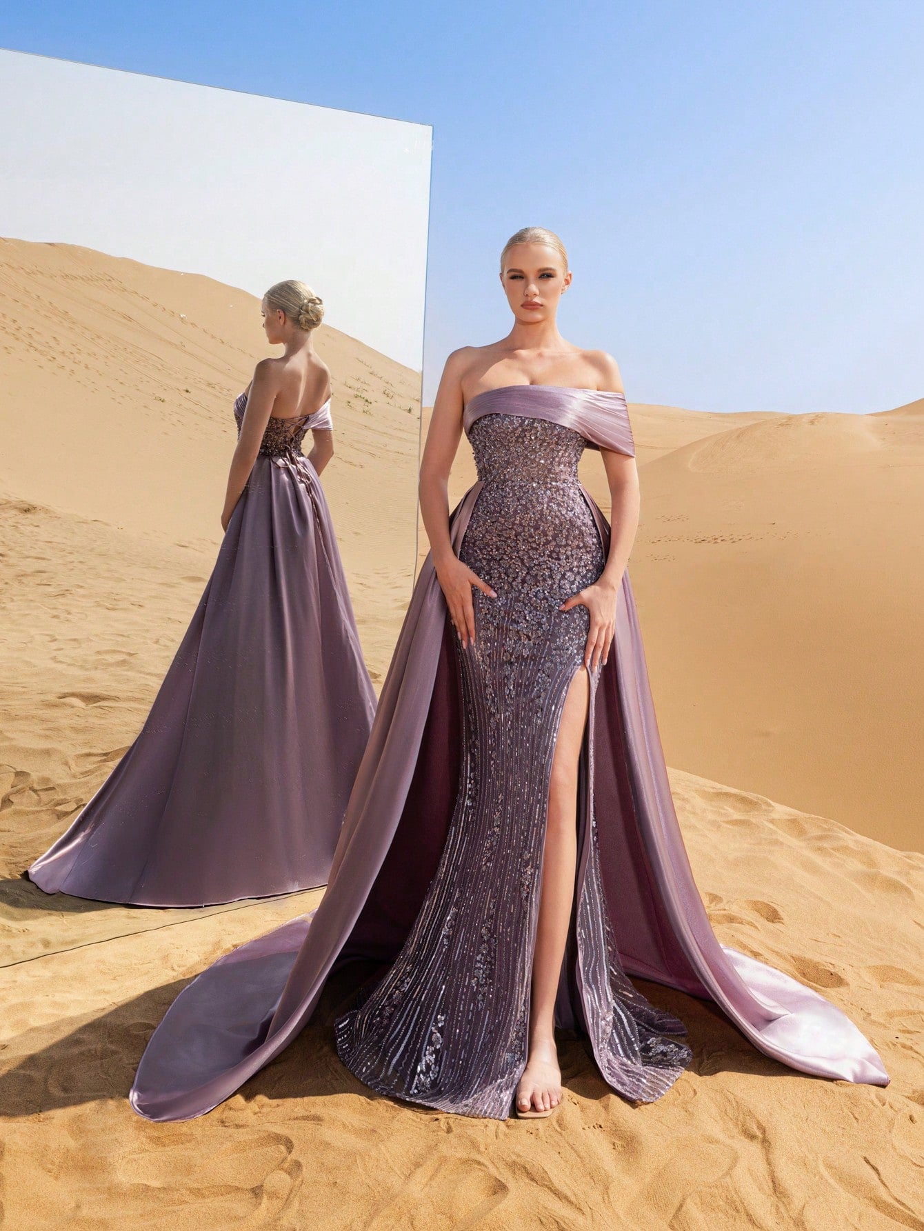 Luxury Sparkling Sequin-Beaded Off-Shoulder Gown with High-Slit Hem & Satin Trail