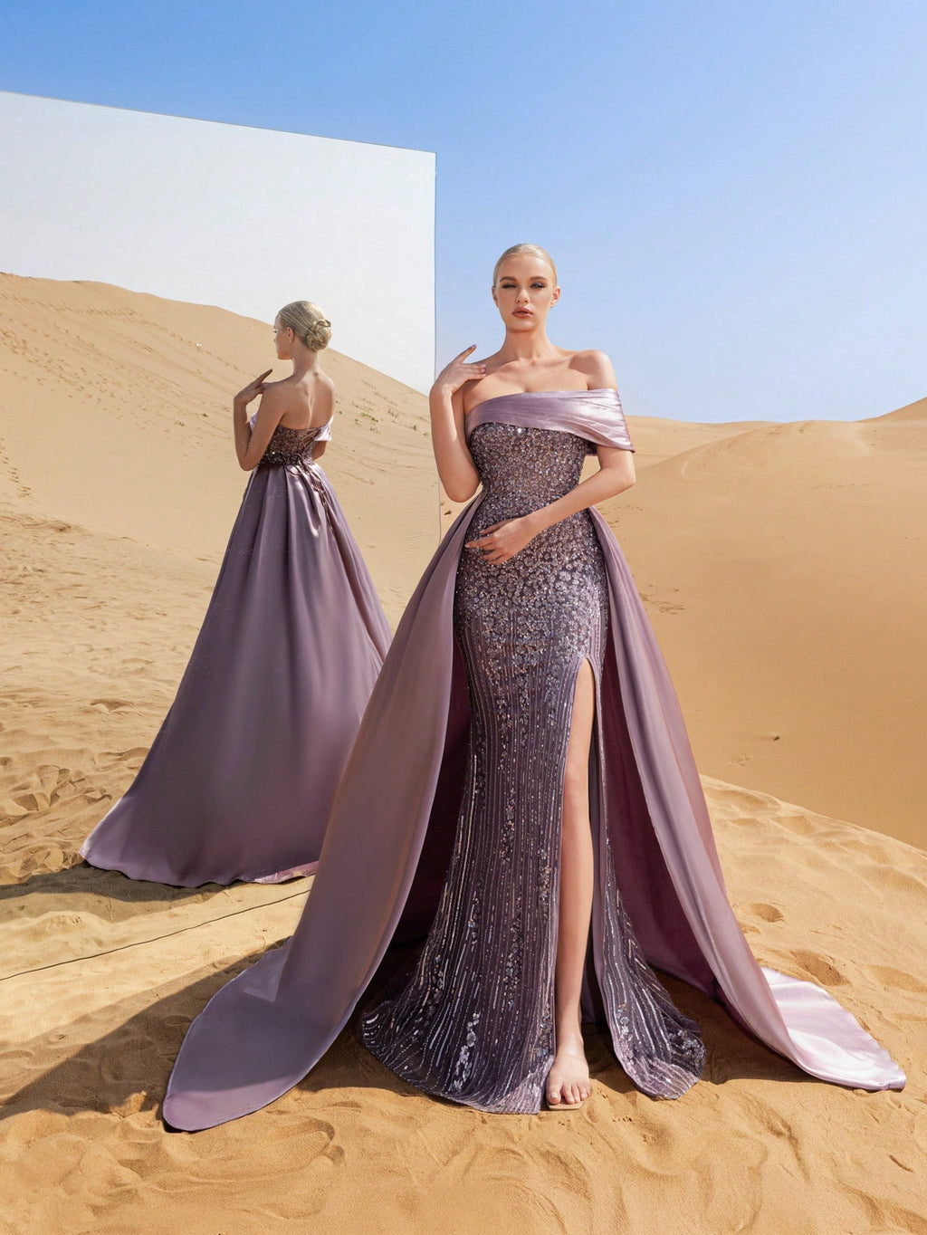 Luxury Sparkling Sequin-Beaded Off-Shoulder Gown with High-Slit Hem & Satin Trail