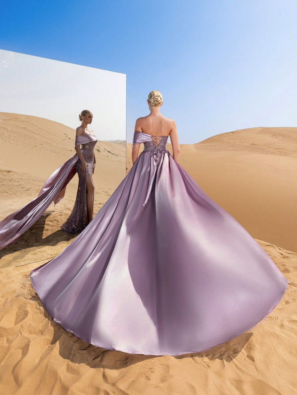 Luxury Sparkling Sequin-Beaded Off-Shoulder Gown with High-Slit Hem & Satin Trail