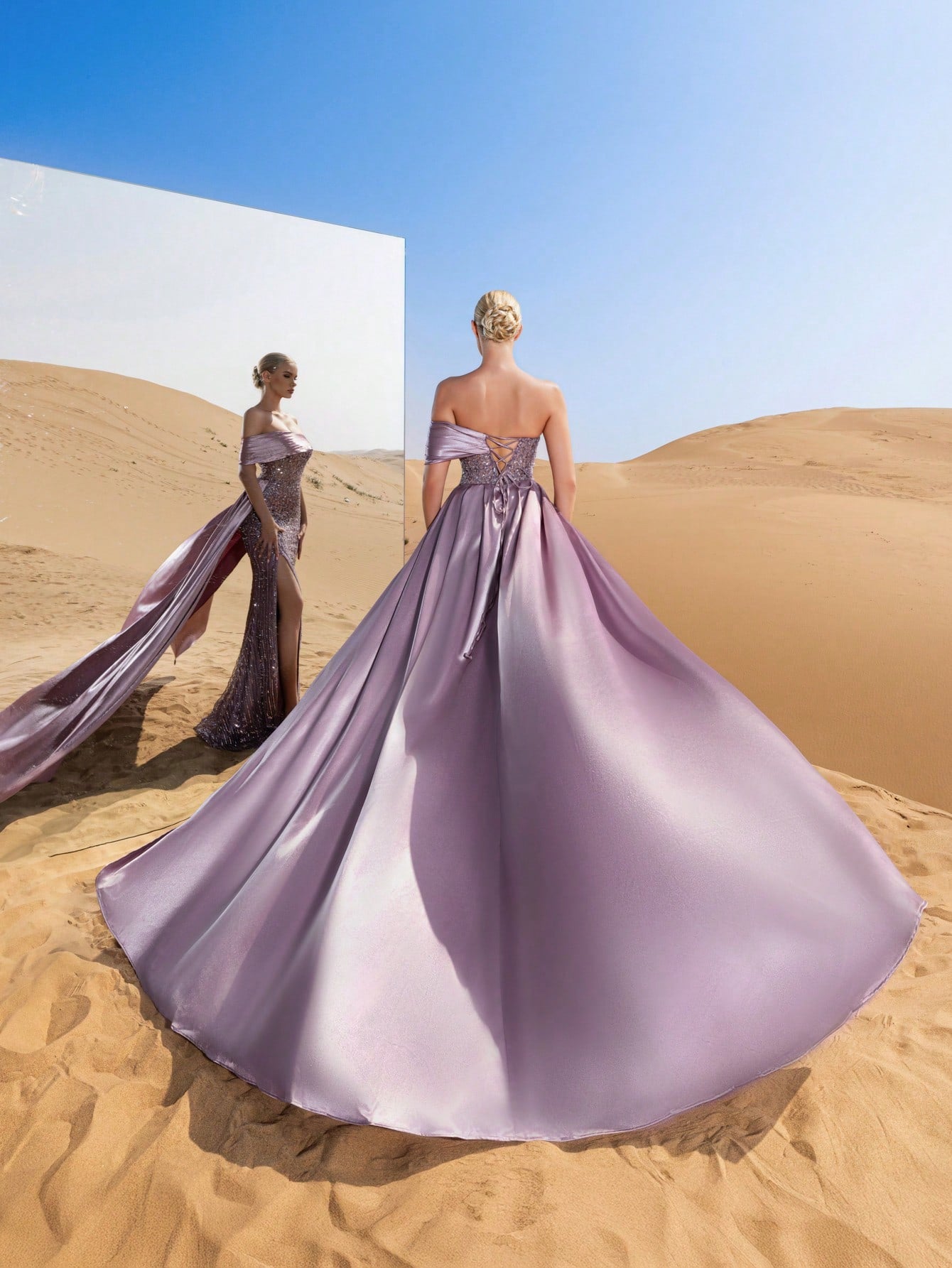 Luxury Sparkling Sequin-Beaded Off-Shoulder Gown with High-Slit Hem & Satin Trail
