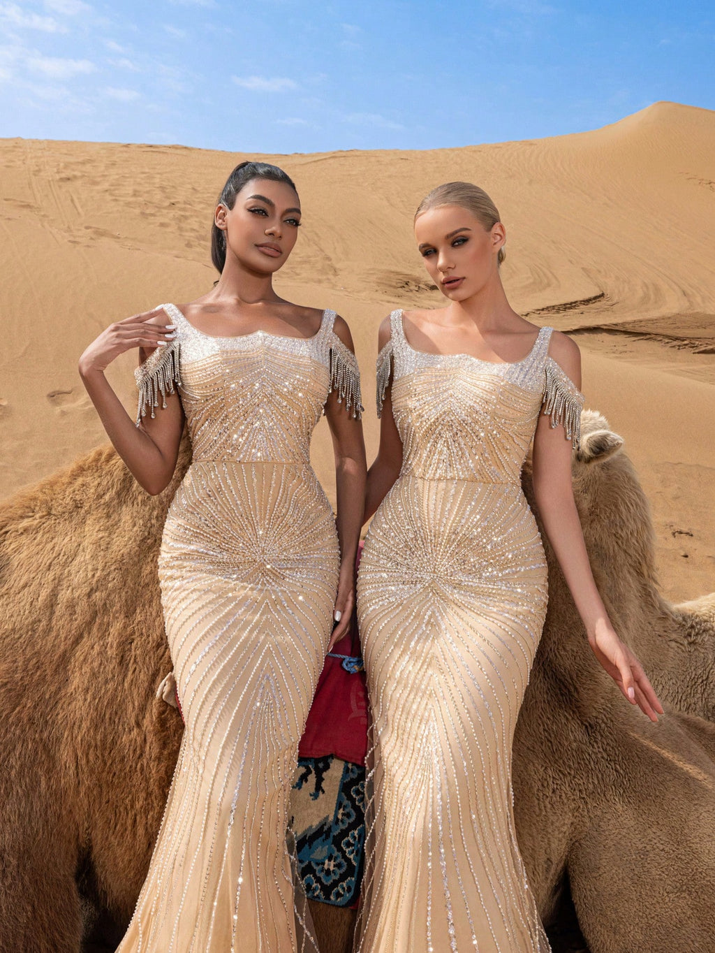 Luxury Fringed Detail Cold Shoulder Mermaid Hem Beaded Formal Dresses & Evening Gowns