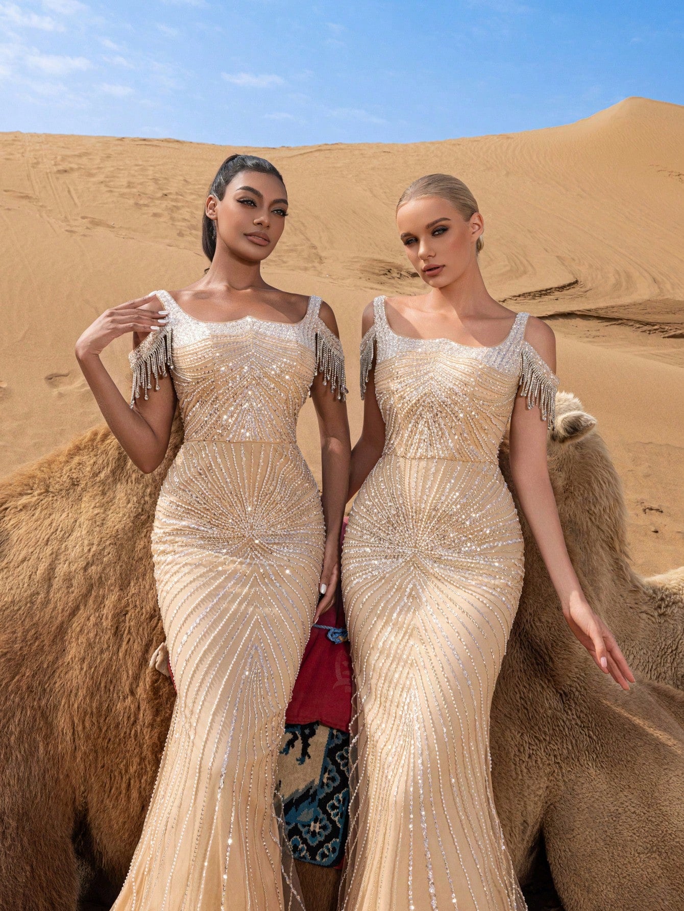 Luxury Fringed Detail Cold Shoulder Mermaid Hem Beaded Formal Dresses & Evening Gowns