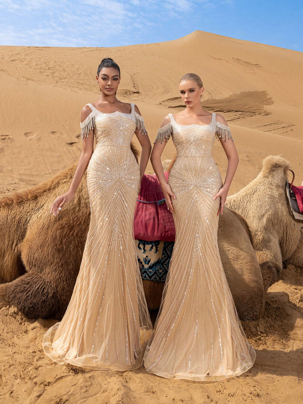 Luxury Fringed Detail Cold Shoulder Mermaid Hem Beaded Formal Dresses & Evening Gowns