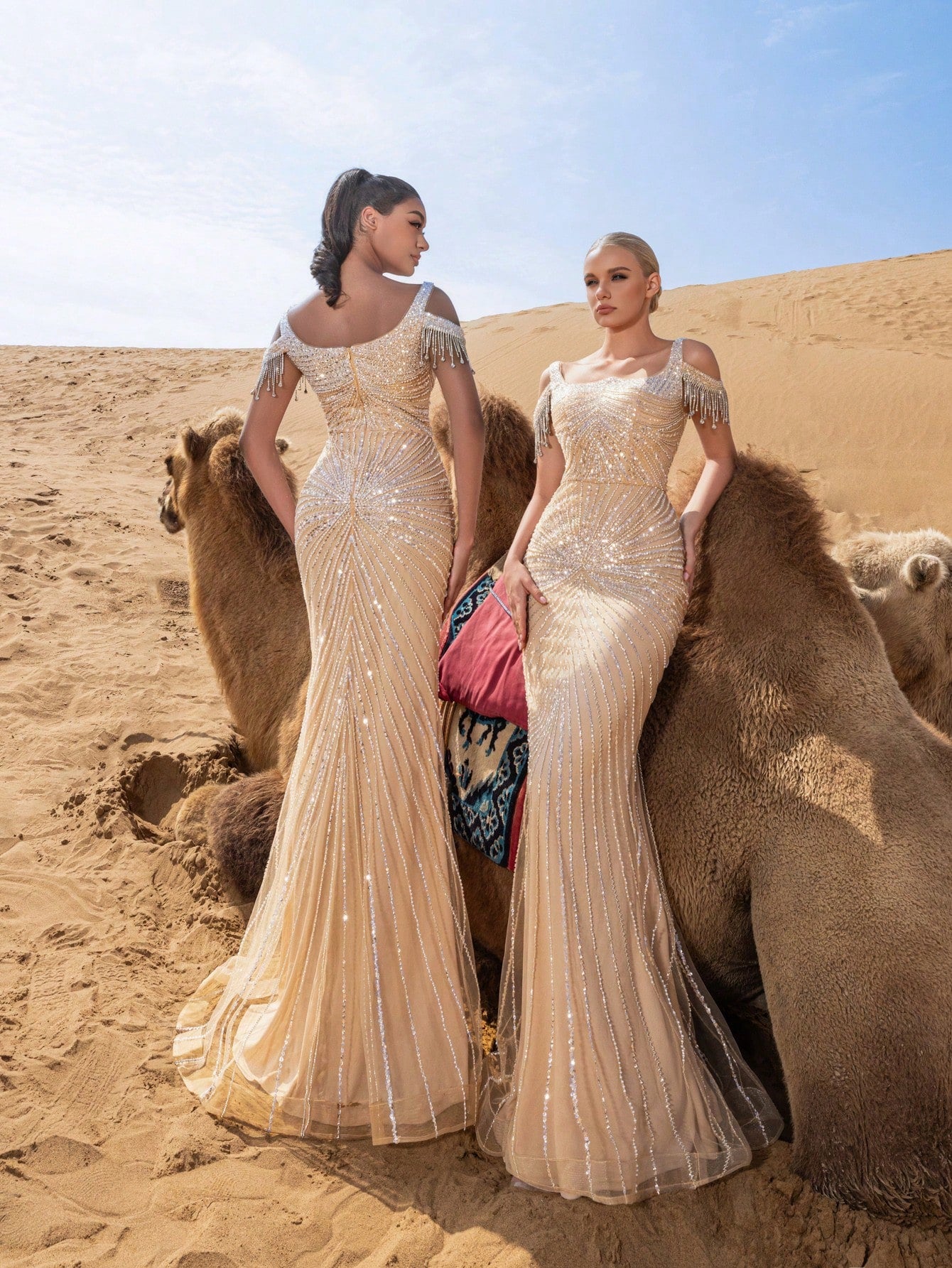 Luxury Fringed Detail Cold Shoulder Mermaid Hem Beaded Formal Dresses & Evening Gowns