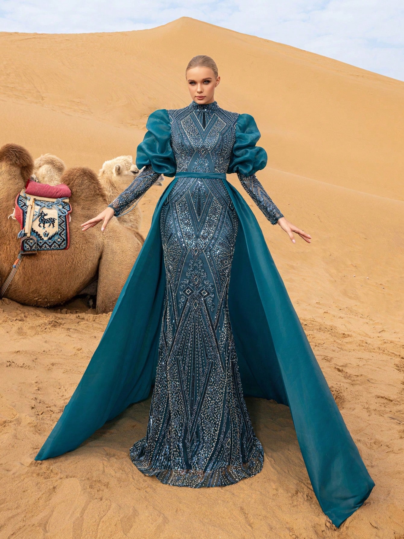 Gorgeous Mock Neck Puff Sleeves Organza Train Beaded Formal Dresses & Evening Gowns