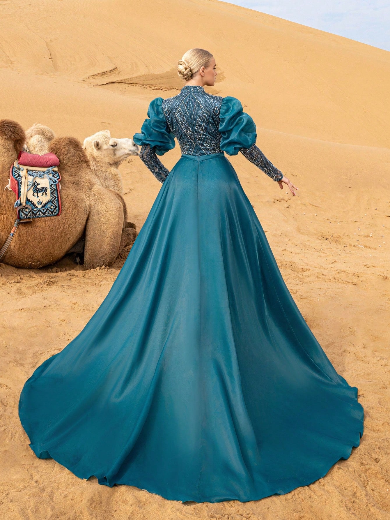 Gorgeous Mock Neck Puff Sleeves Organza Train Beaded Formal Dresses & Evening Gowns