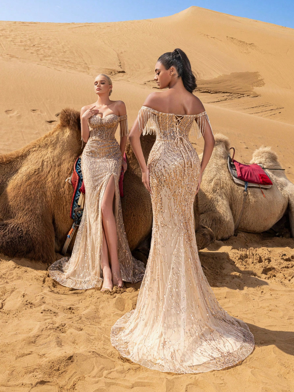 Elegant Off-Shoulder Sequined Evening Gown with Beaded Fringe & High Slit