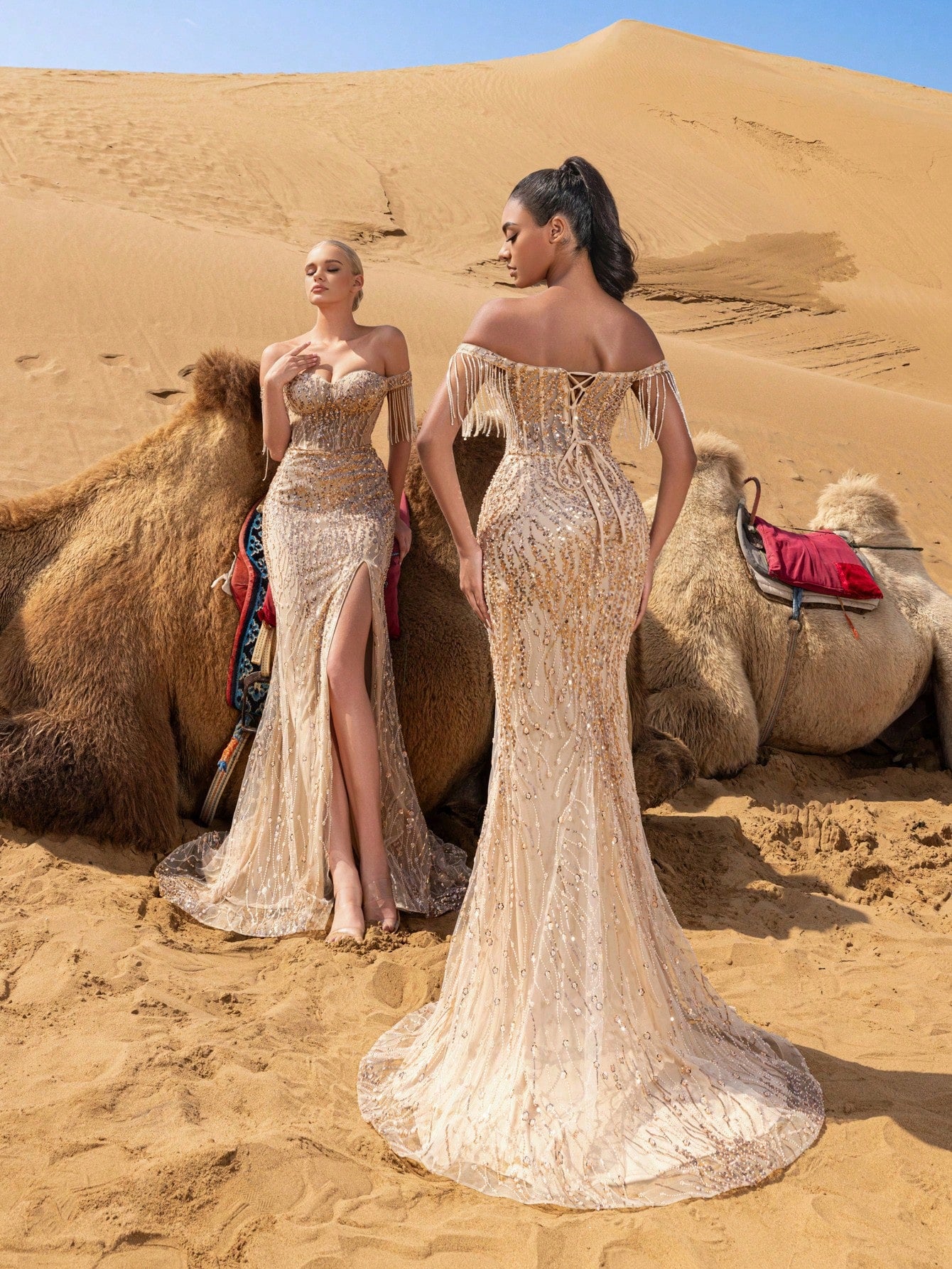 Elegant Off-Shoulder Sequined Evening Gown with Beaded Fringe & High Slit