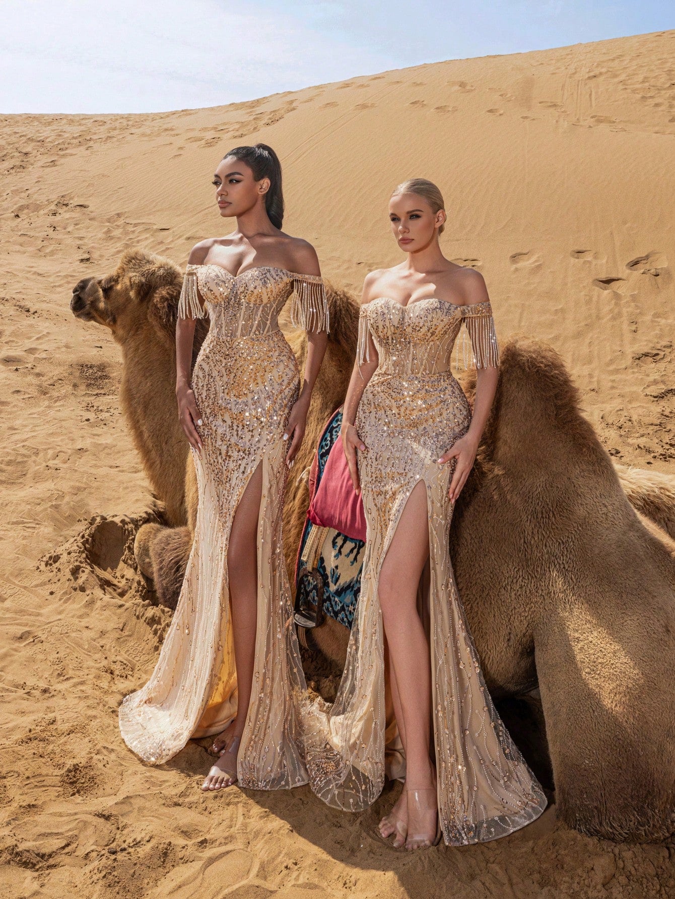 Elegant Off-Shoulder Sequined Evening Gown with Beaded Fringe & High Slit