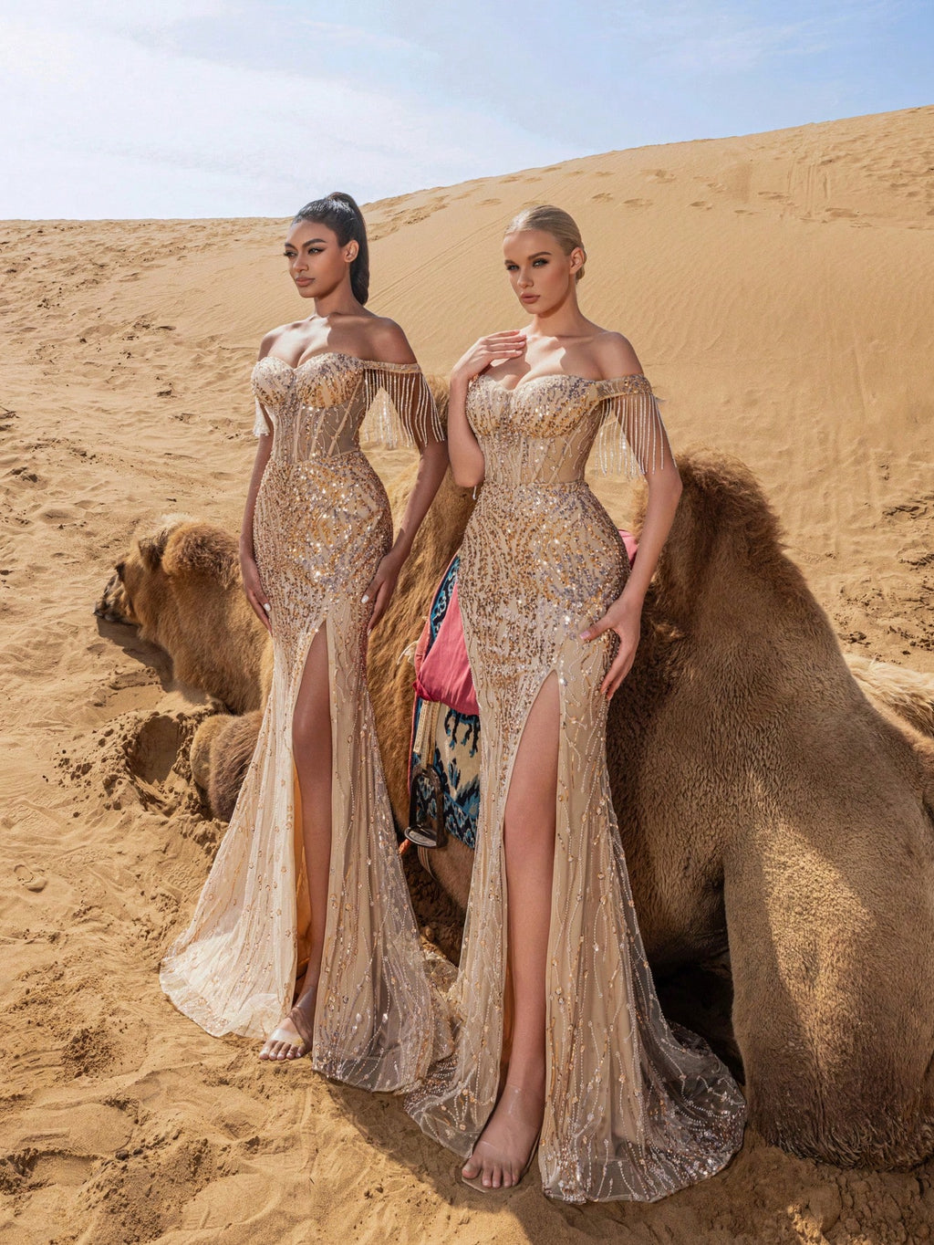 Elegant Off-Shoulder Sequined Evening Gown with Beaded Fringe & High Slit