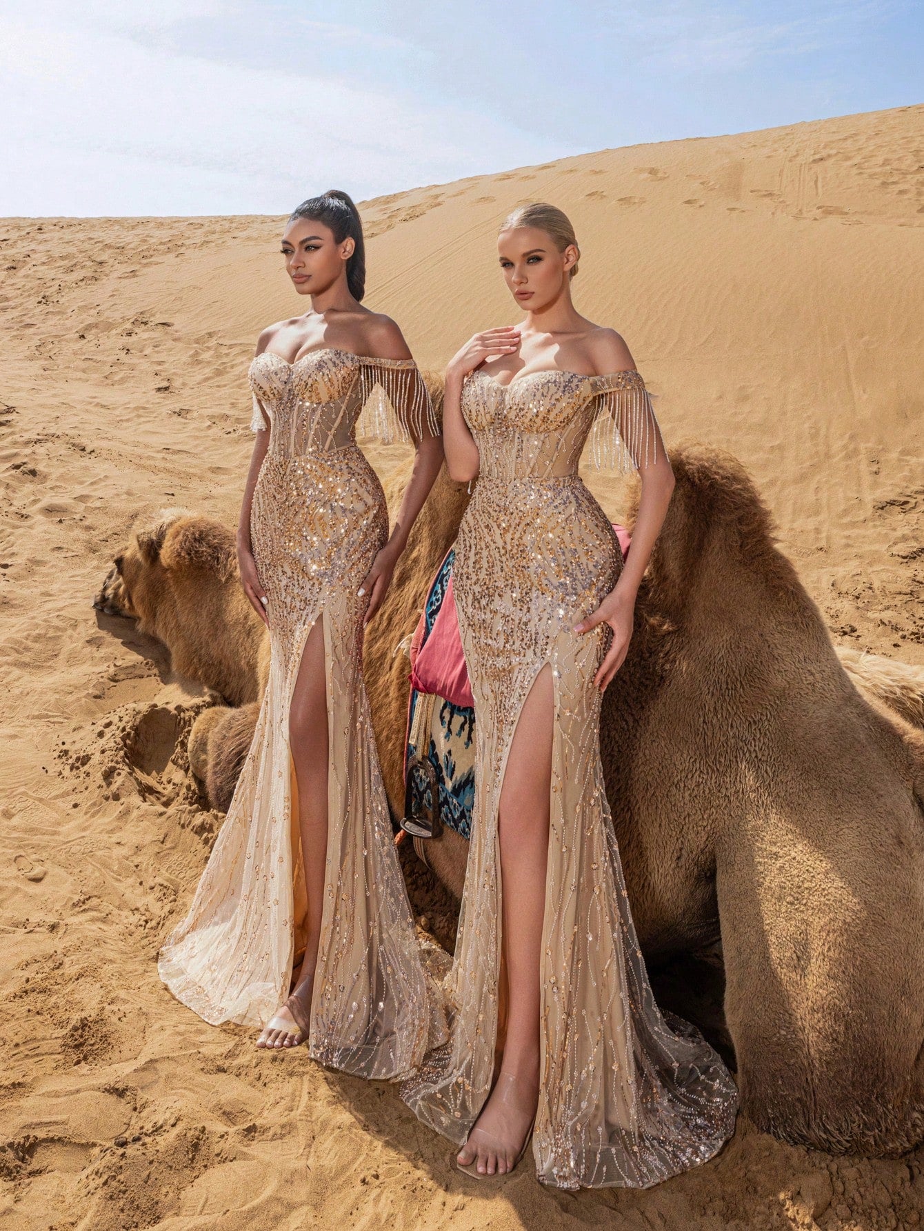 Elegant Off-Shoulder Sequined Evening Gown with Beaded Fringe & High Slit
