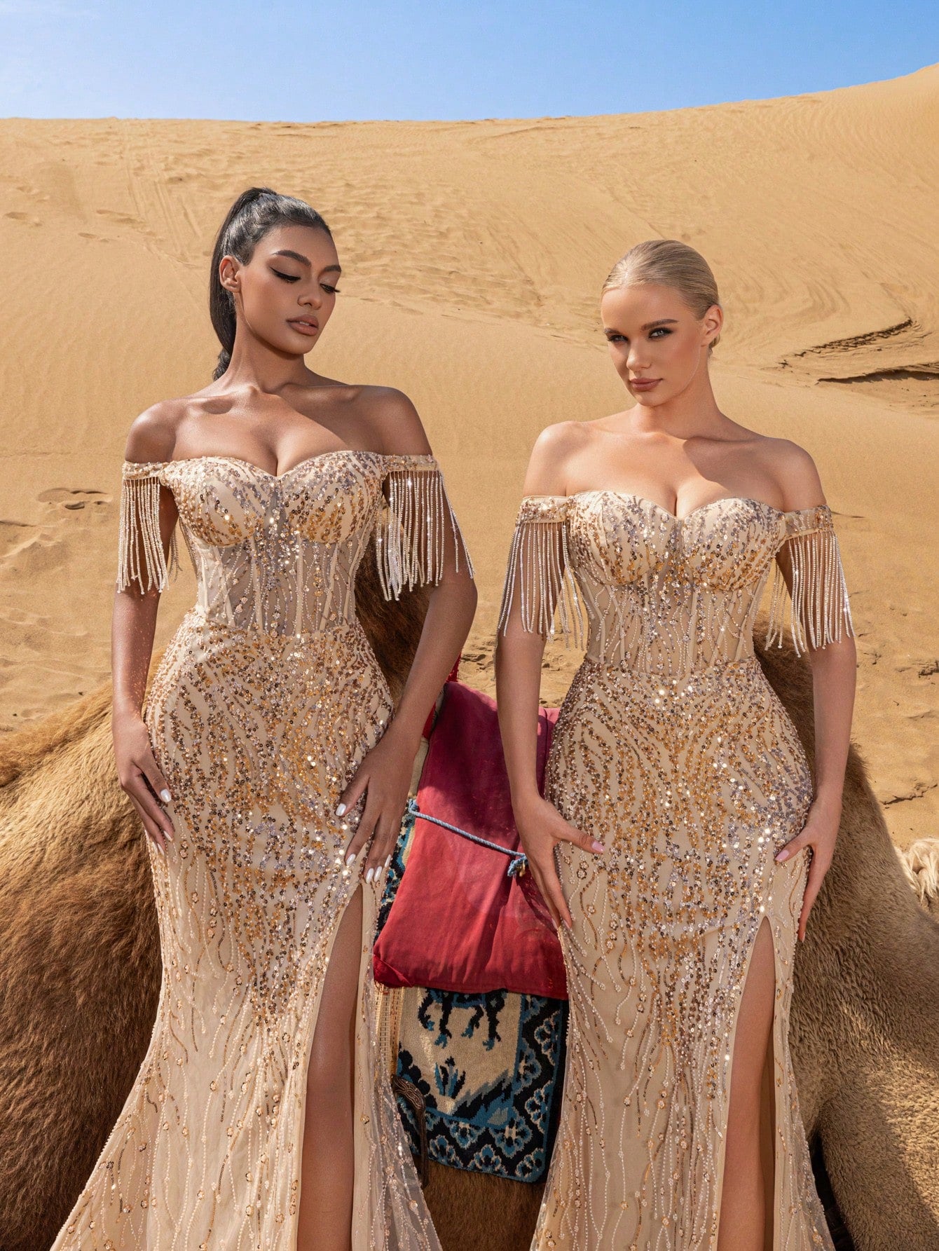 Elegant Off-Shoulder Sequined Evening Gown with Beaded Fringe & High Slit