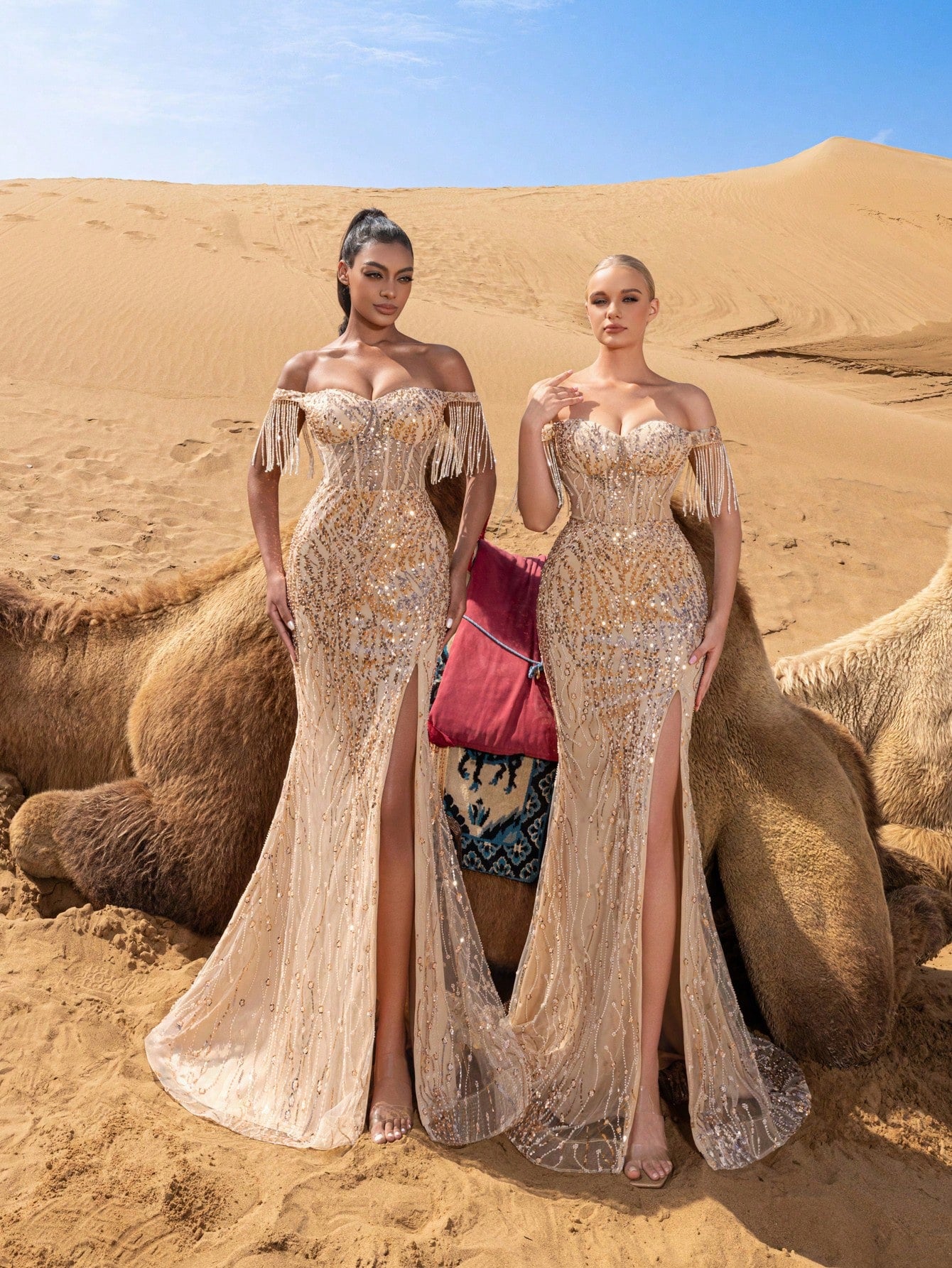Elegant Off-Shoulder Sequined Evening Gown with Beaded Fringe & High Slit