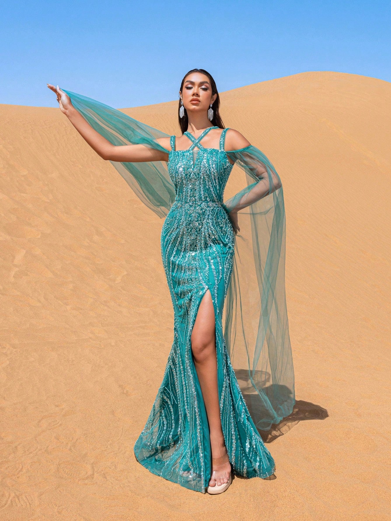 Gorgeous Tulle Cape Sleeves Beaded Sequined Evening Dress