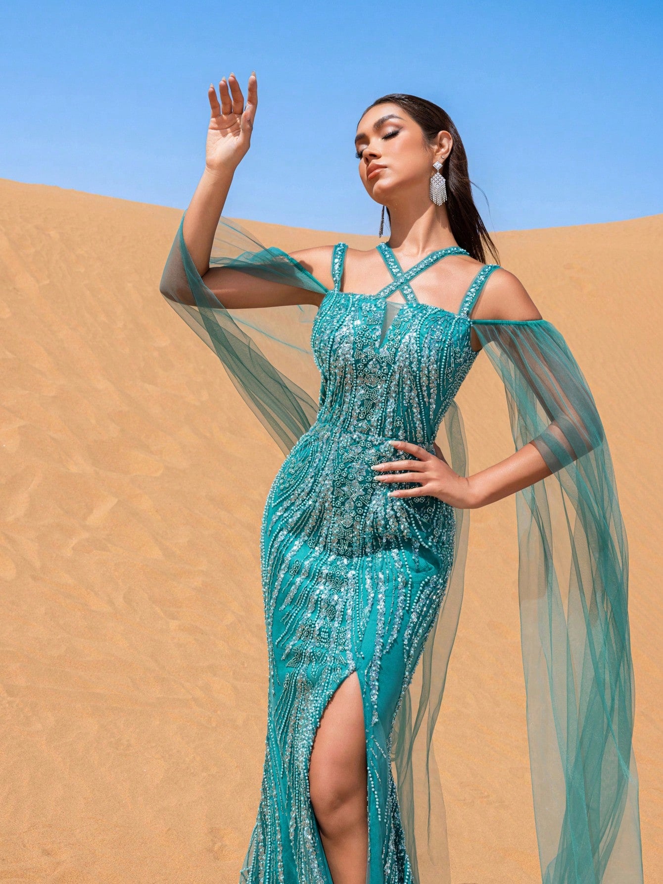 Gorgeous Tulle Cape Sleeves Beaded Sequined Evening Dress