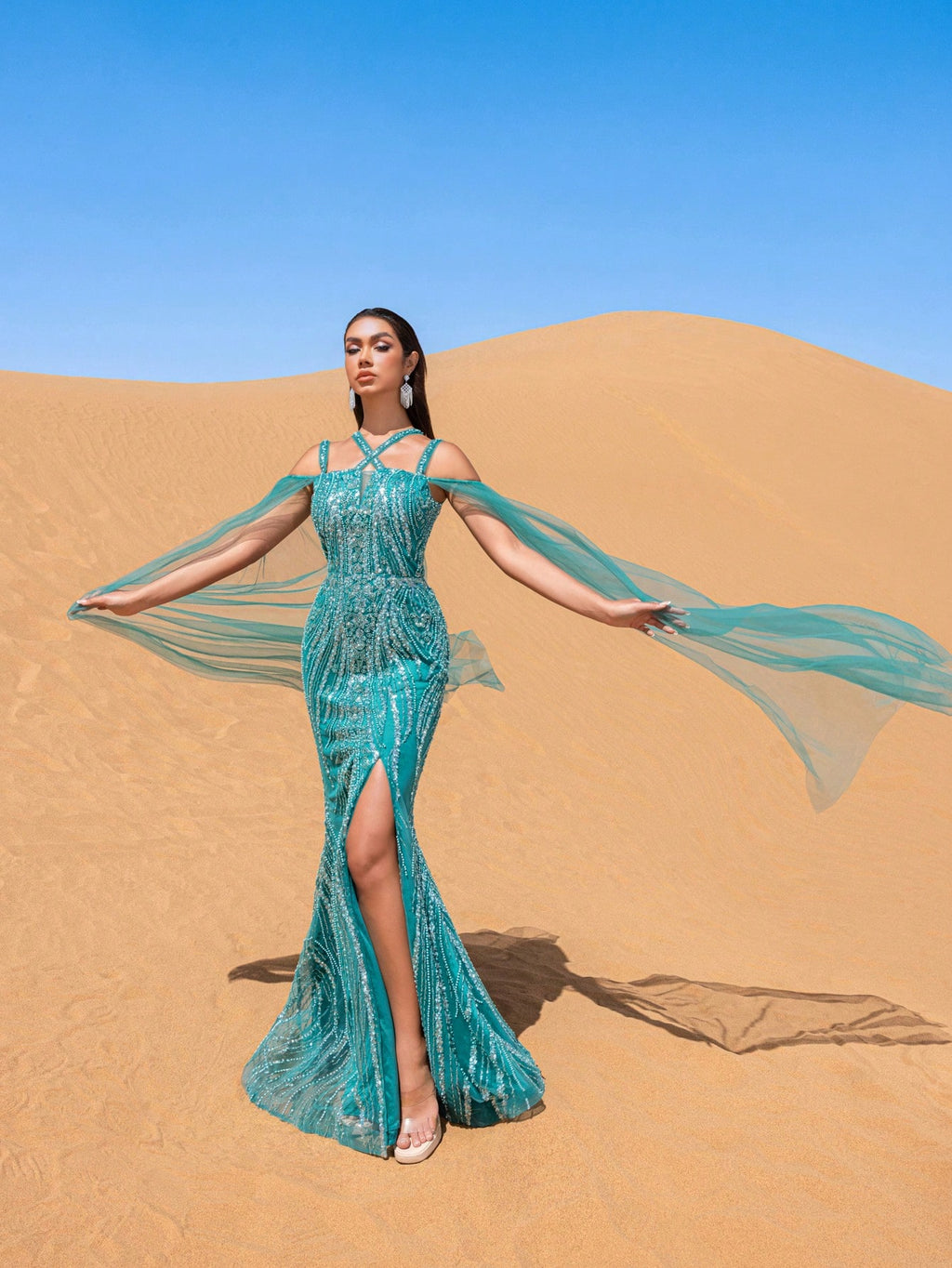 Gorgeous Tulle Cape Sleeves Beaded Sequined Evening Dress
