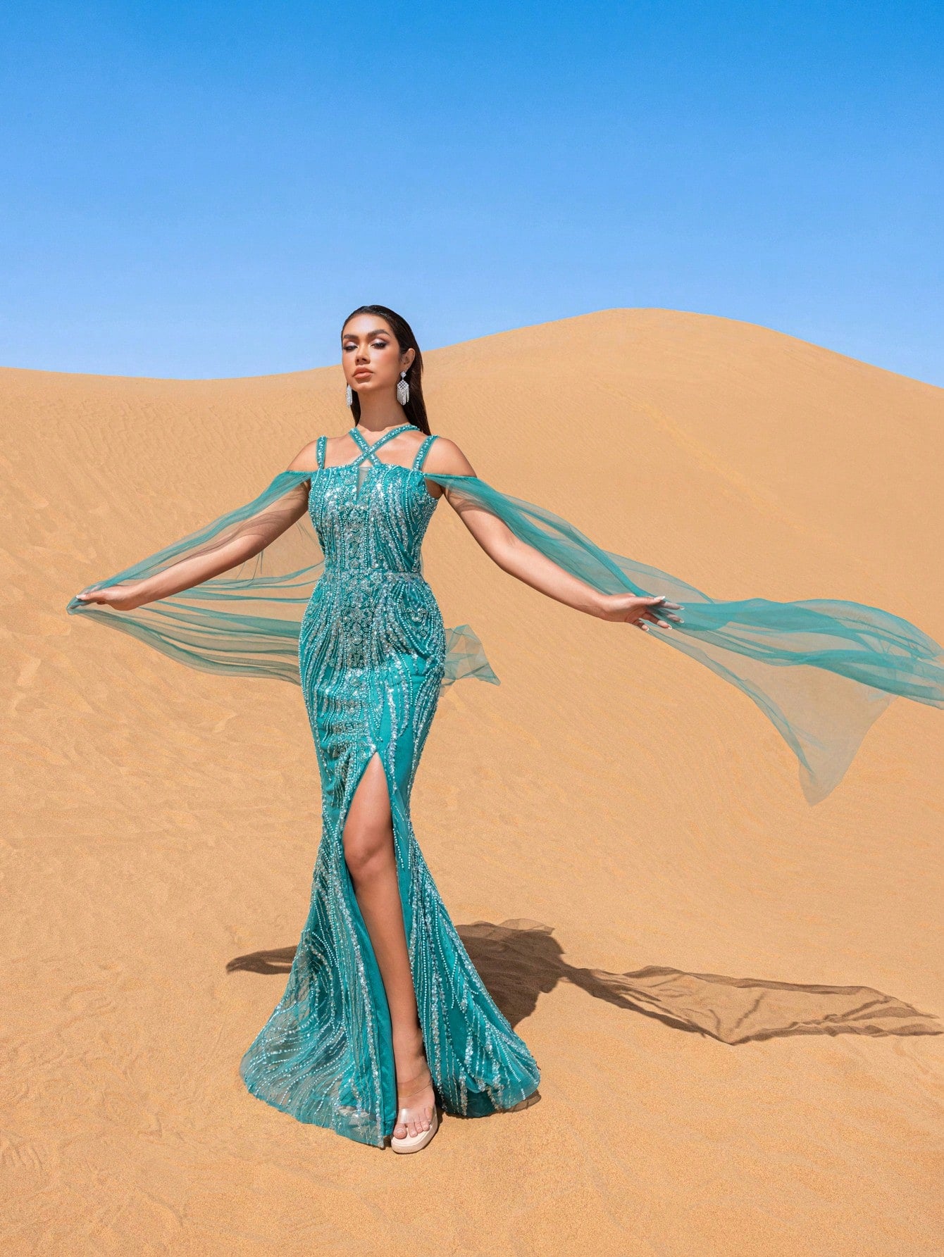 Gorgeous Tulle Cape Sleeves Beaded Sequined Evening Dress