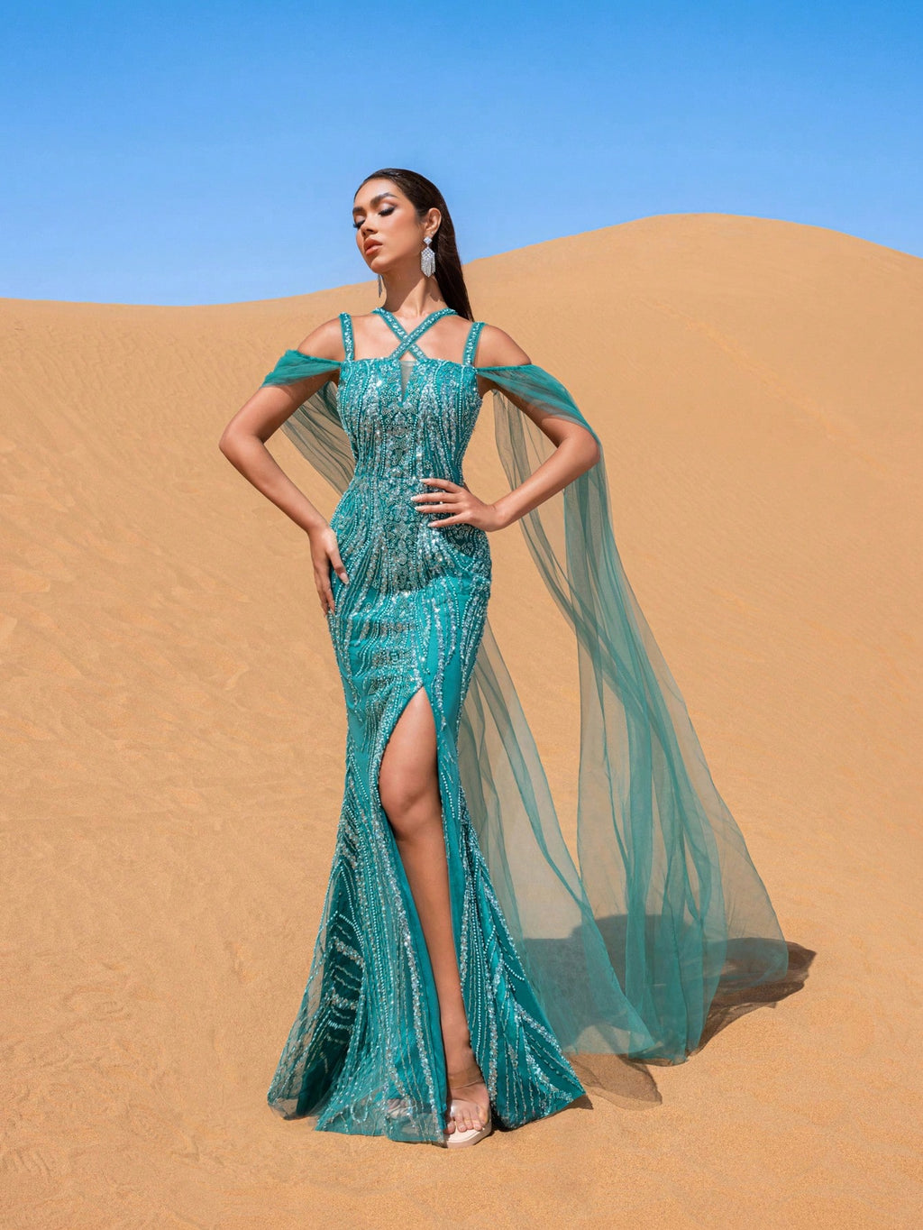 Gorgeous Tulle Cape Sleeves Beaded Sequined Evening Dress