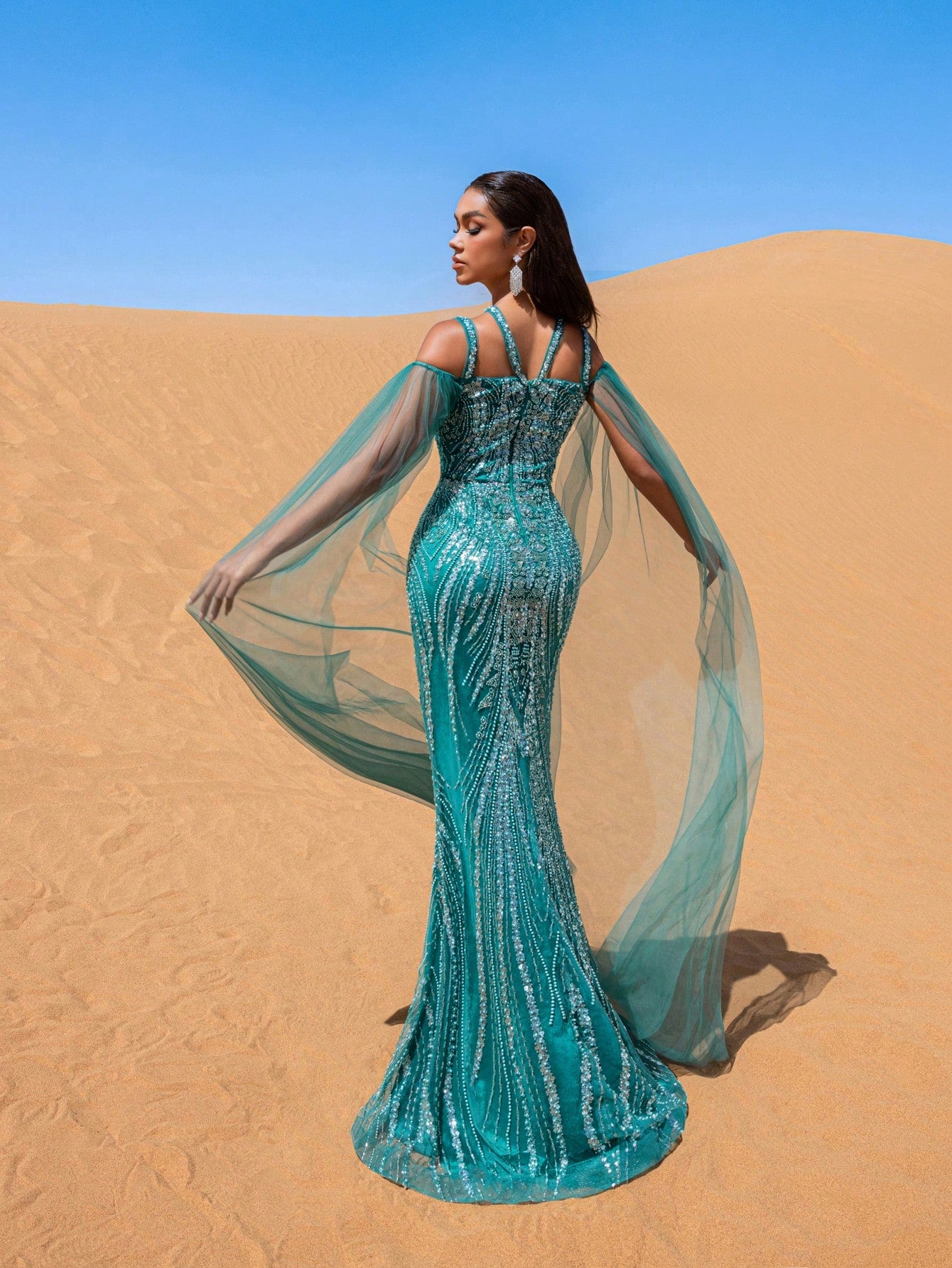 Gorgeous Tulle Cape Sleeves Beaded Sequined Evening Dress