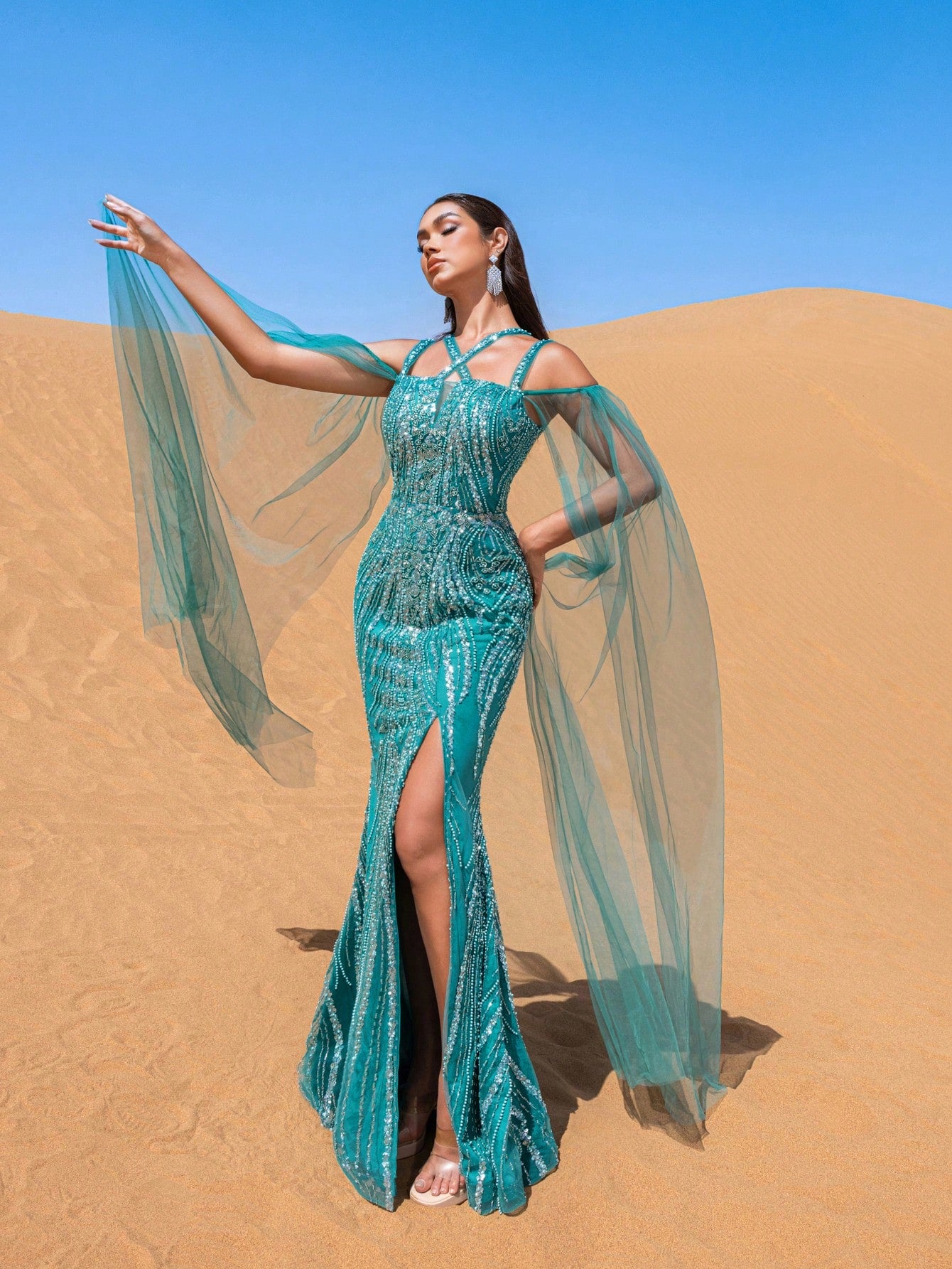 Gorgeous Tulle Cape Sleeves Beaded Sequined Evening Dress