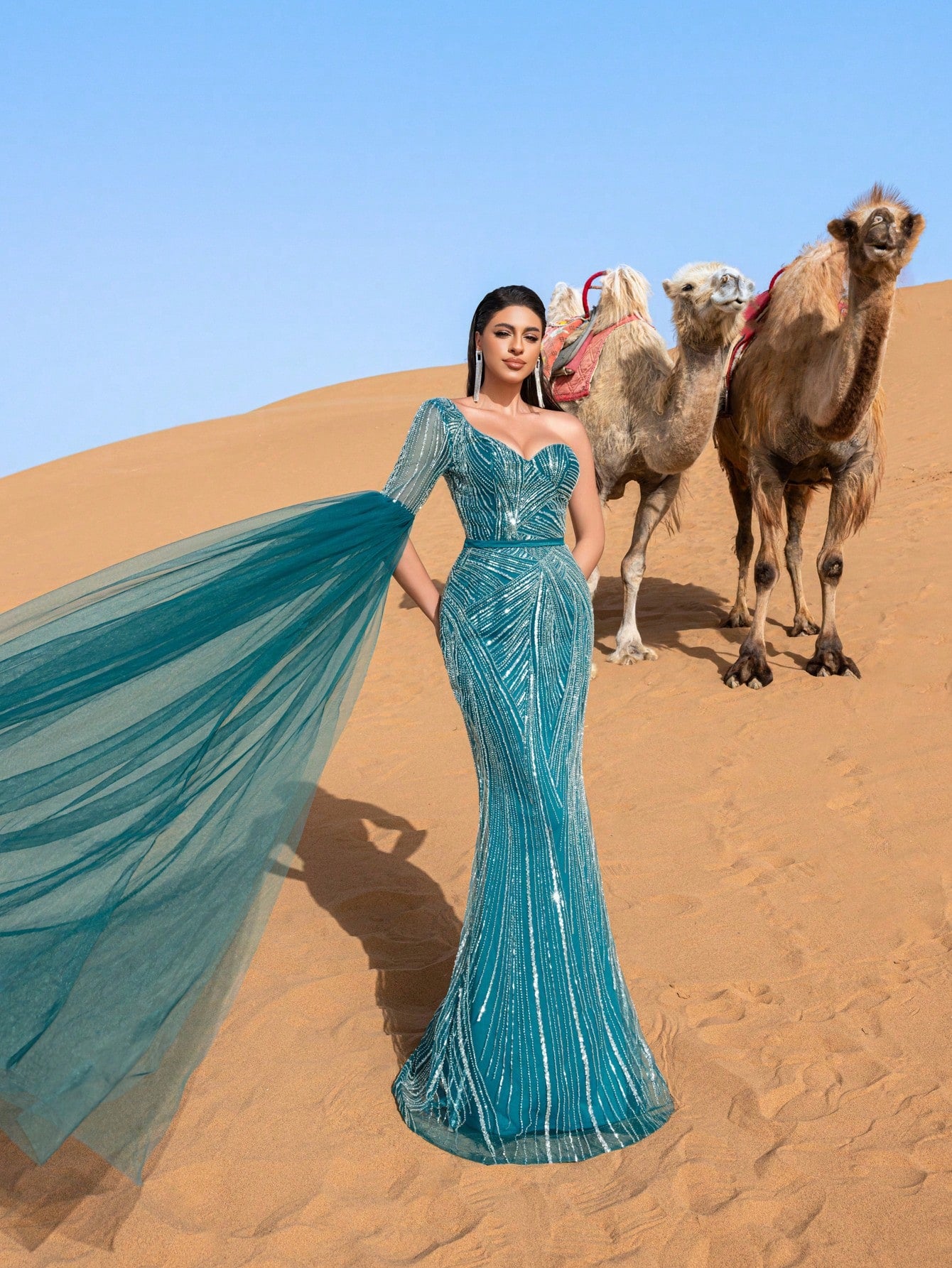 Luxury One Shoulder Extra-Long Sleeve Mermaid Hem Beaded Formal Dress