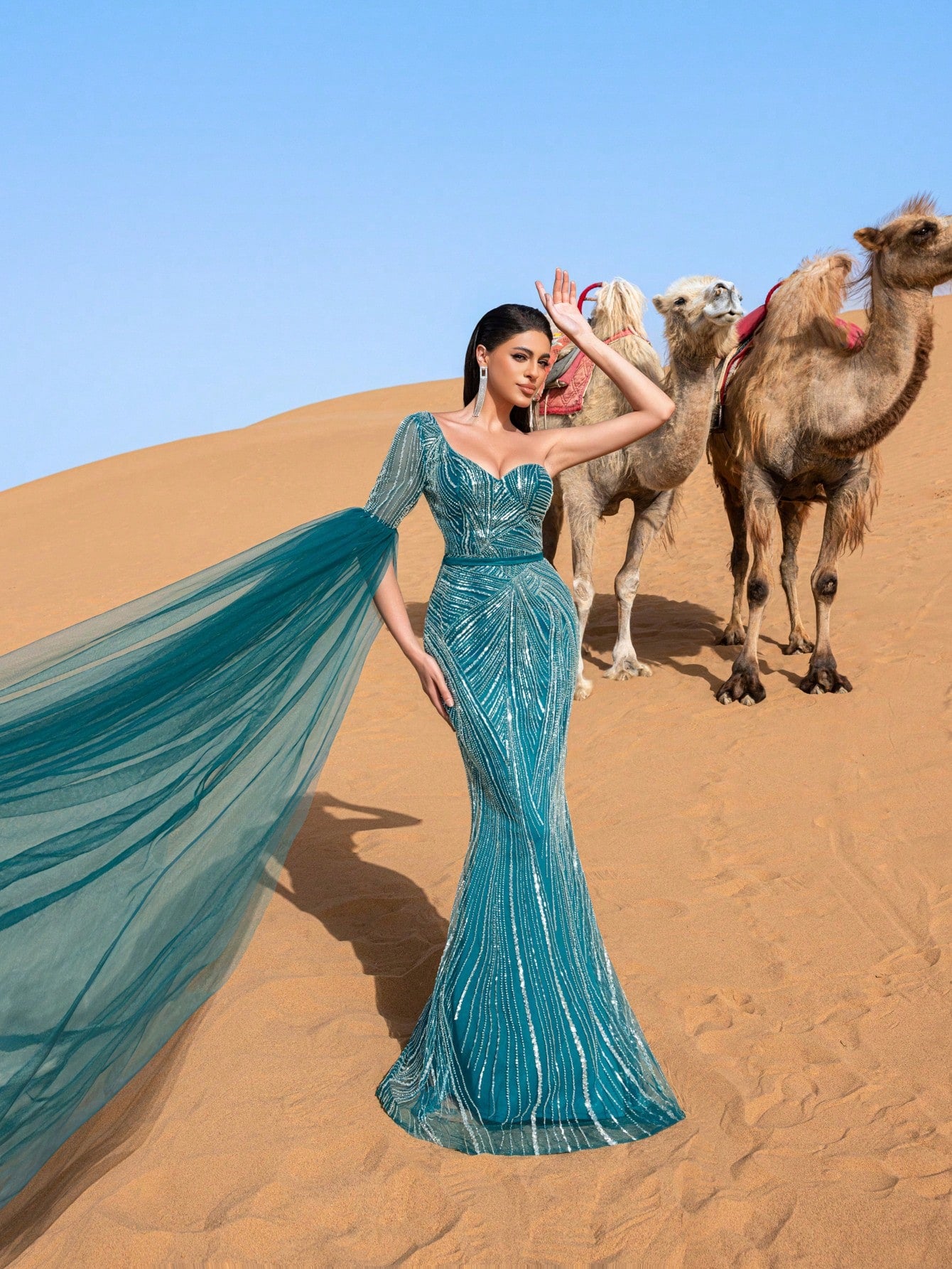 Luxury One Shoulder Extra-Long Sleeve Mermaid Hem Beaded Formal Dress
