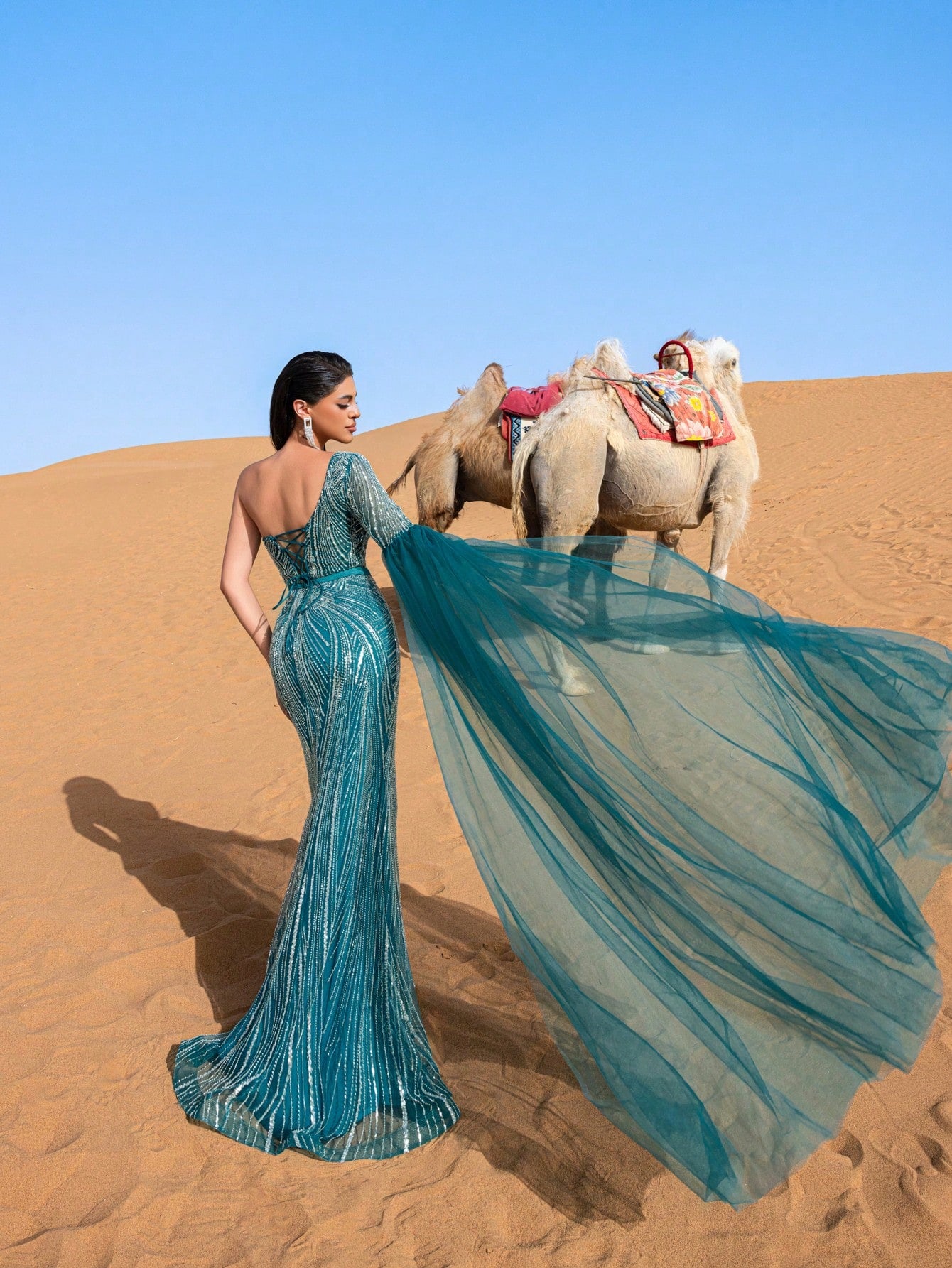Luxury One Shoulder Extra-Long Sleeve Mermaid Hem Beaded Formal Dress