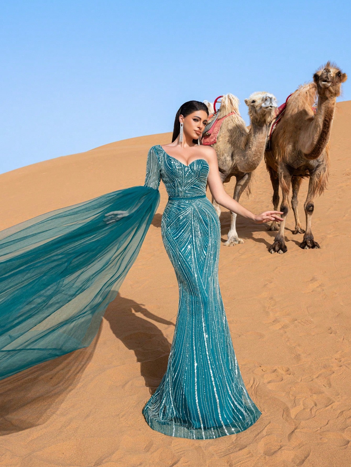 Luxury One Shoulder Extra-Long Sleeve Mermaid Hem Beaded Formal Dress