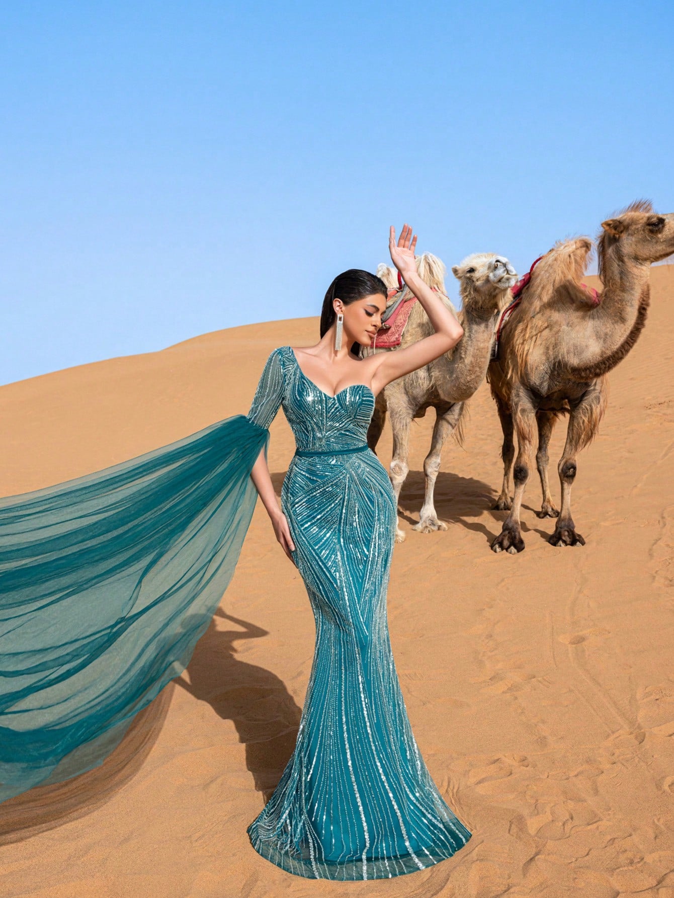 Luxury One Shoulder Extra-Long Sleeve Mermaid Hem Beaded Formal Dress