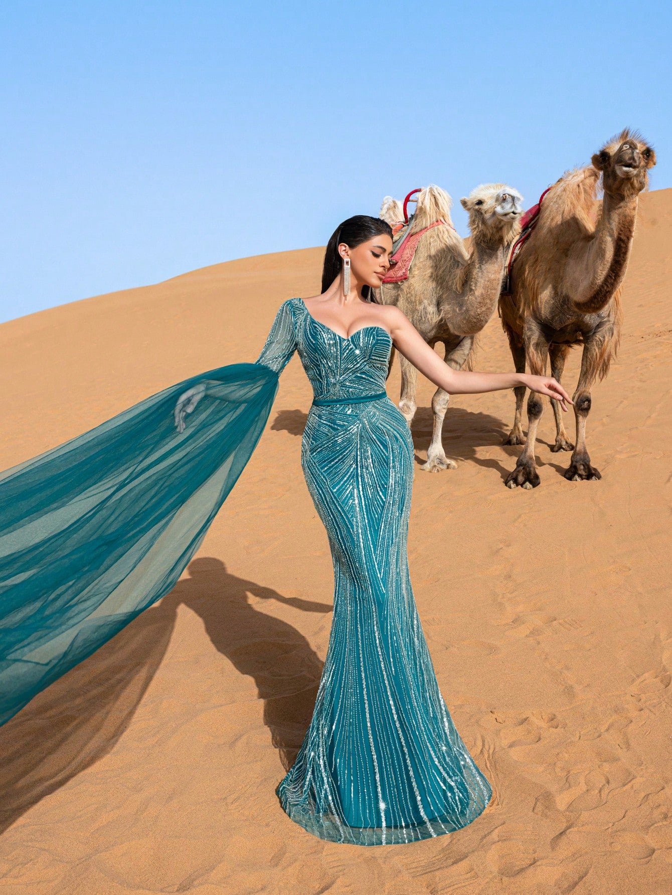 Luxury One Shoulder Extra-Long Sleeve Mermaid Hem Beaded Formal Dress