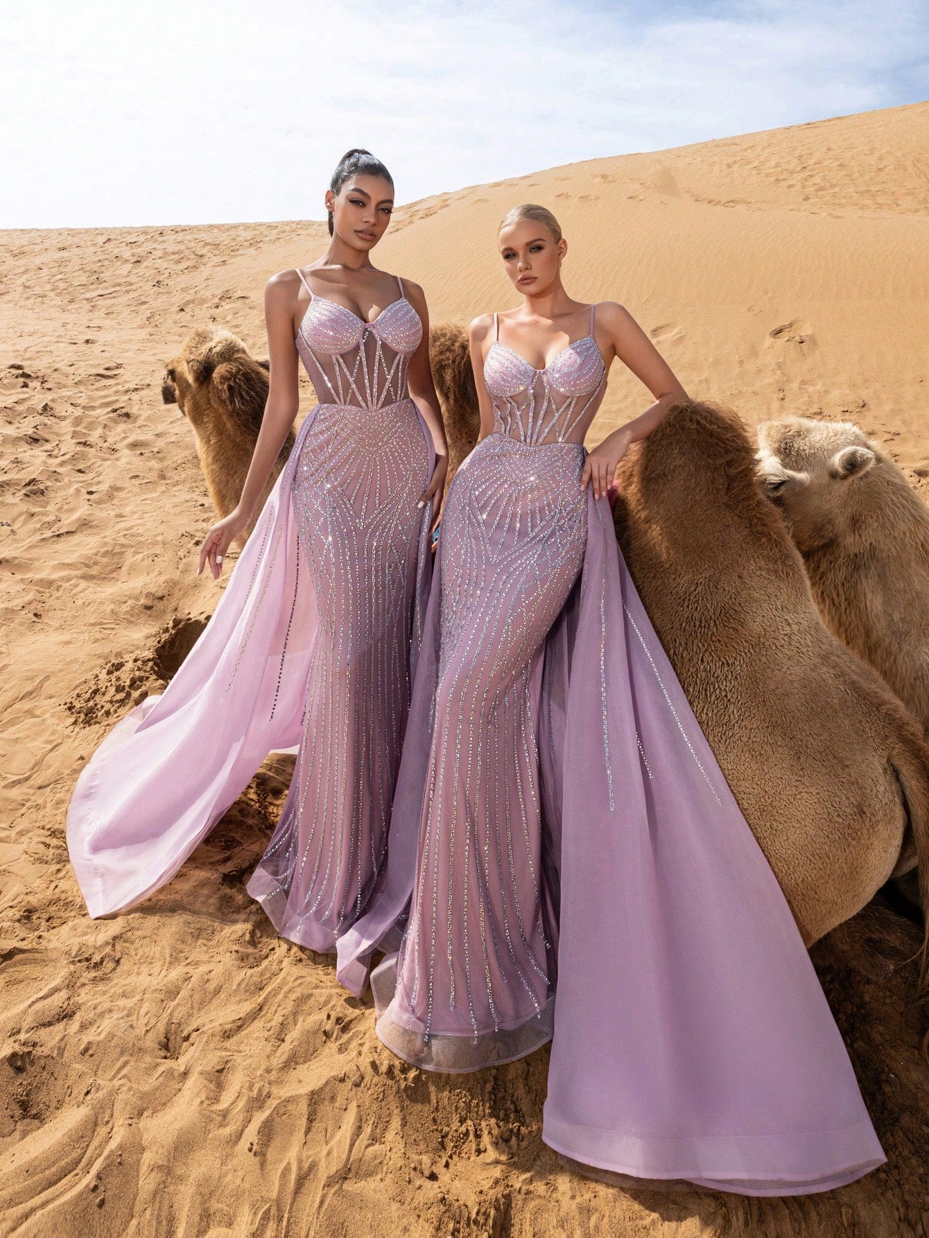Gorgeous Sheer Bodice Mermaid Hem Organza Train Slip Beaded Formal Dresses & Evening Gowns