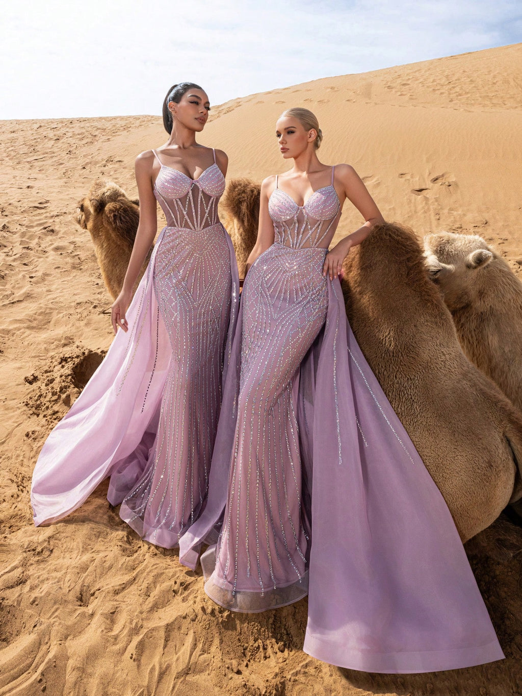 Gorgeous Sheer Bodice Mermaid Hem Organza Train Slip Beaded Formal Dresses & Evening Gowns