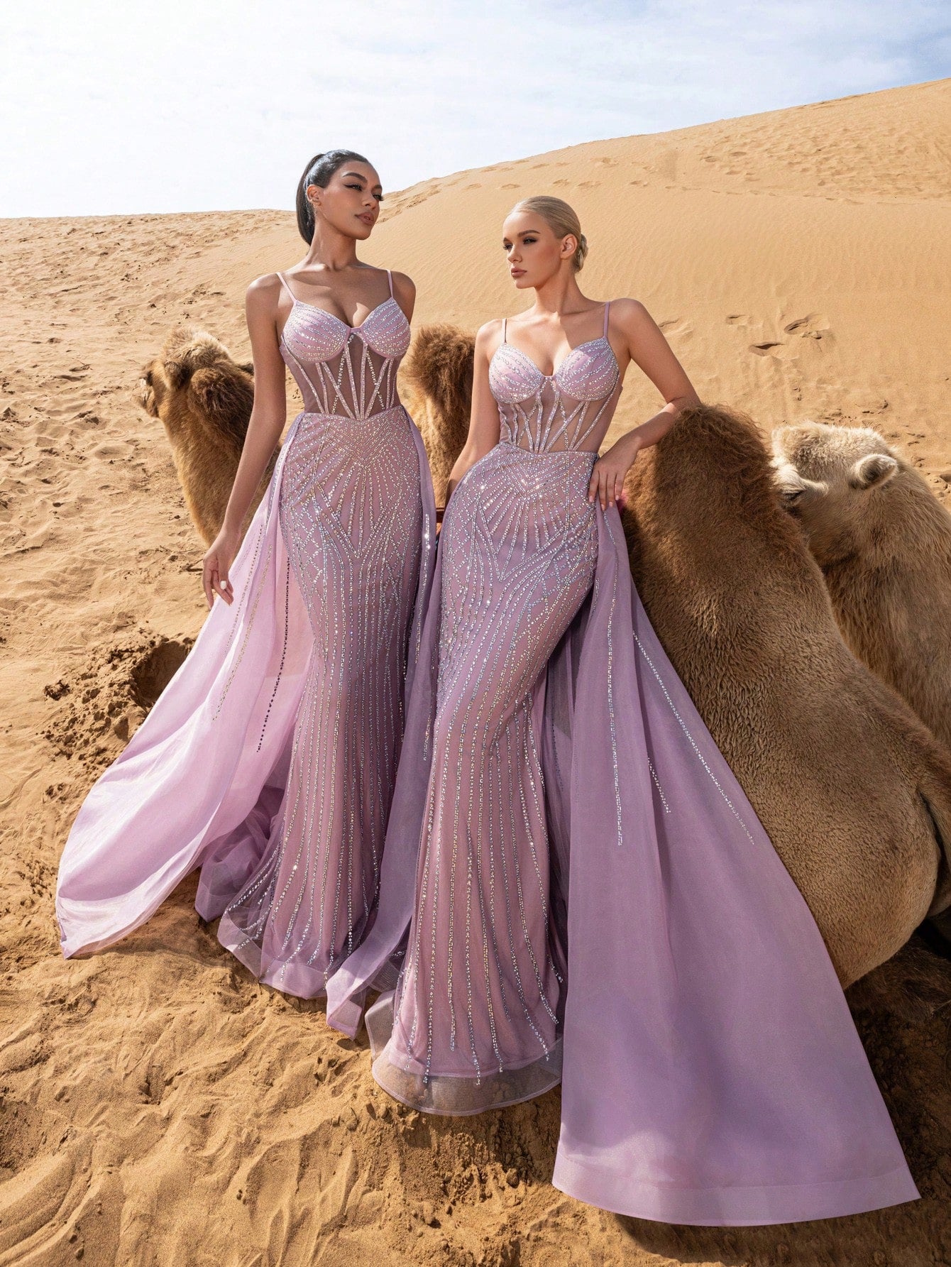 Gorgeous Sheer Bodice Mermaid Hem Organza Train Slip Beaded Formal Dresses & Evening Gowns