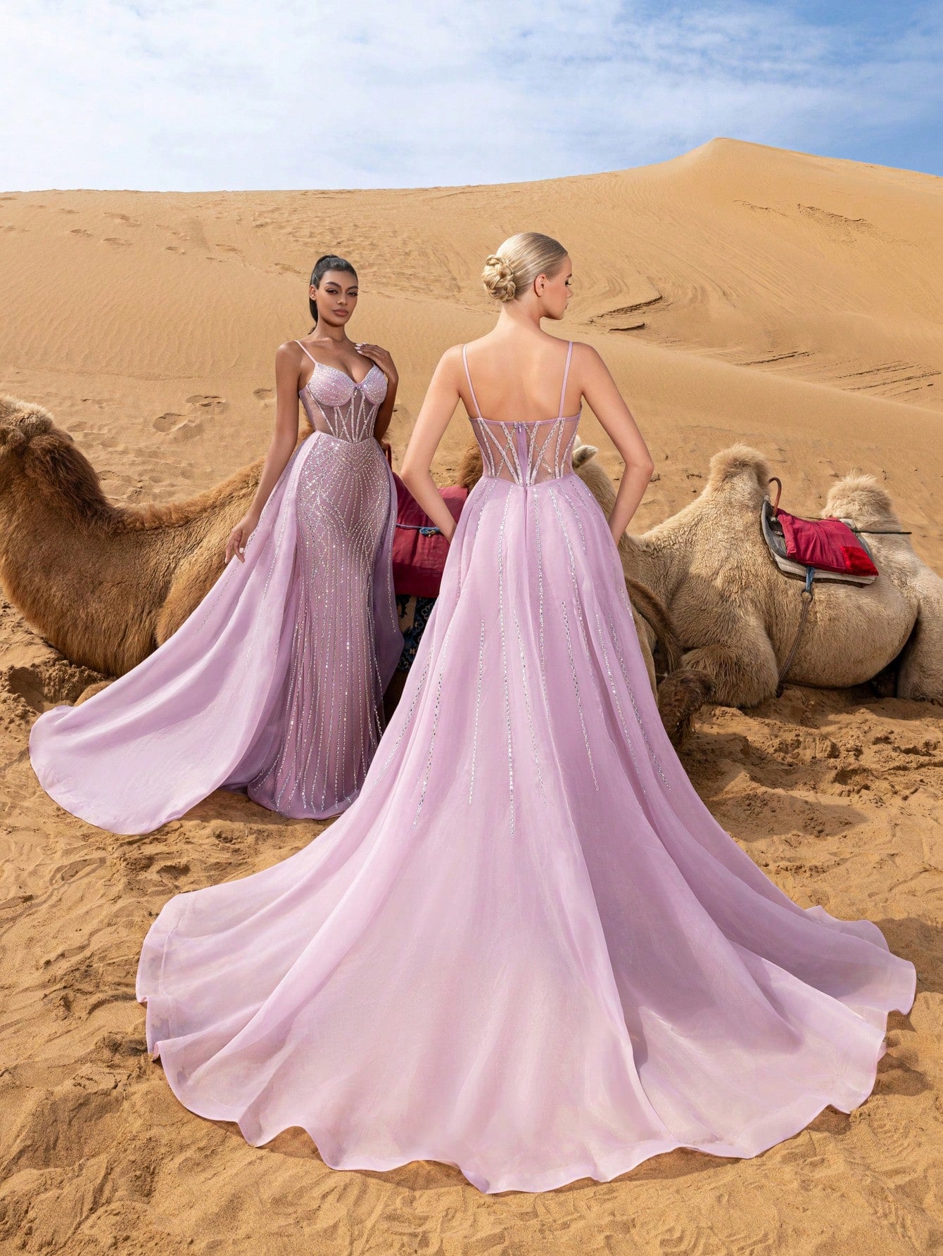 Gorgeous Sheer Bodice Mermaid Hem Organza Train Slip Beaded Formal Dresses & Evening Gowns