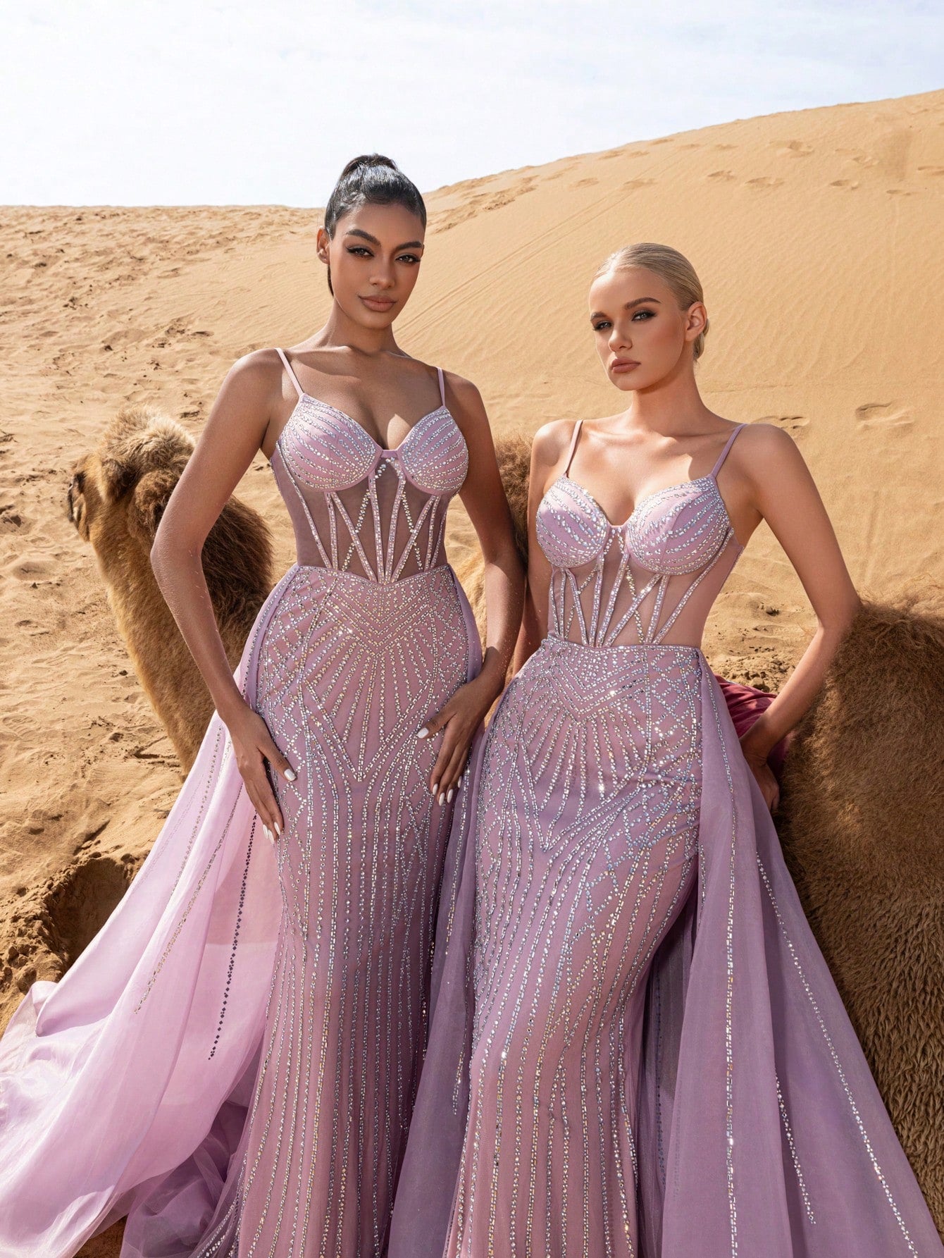 Gorgeous Sheer Bodice Mermaid Hem Organza Train Slip Beaded Formal Dresses & Evening Gowns