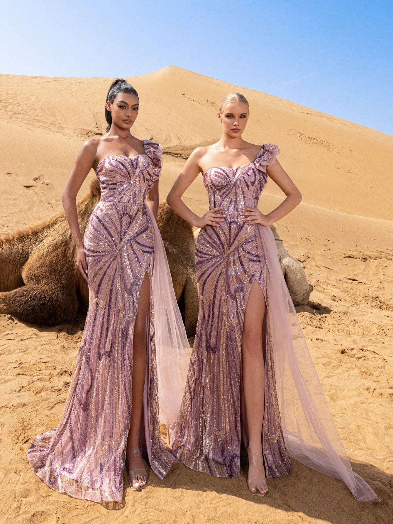 Elegant One-Shoulder Beaded Evening Gown with Ruffle Trim, Draped Side Detail, Flowing Train & High Thigh Split – Formal Party Dress
