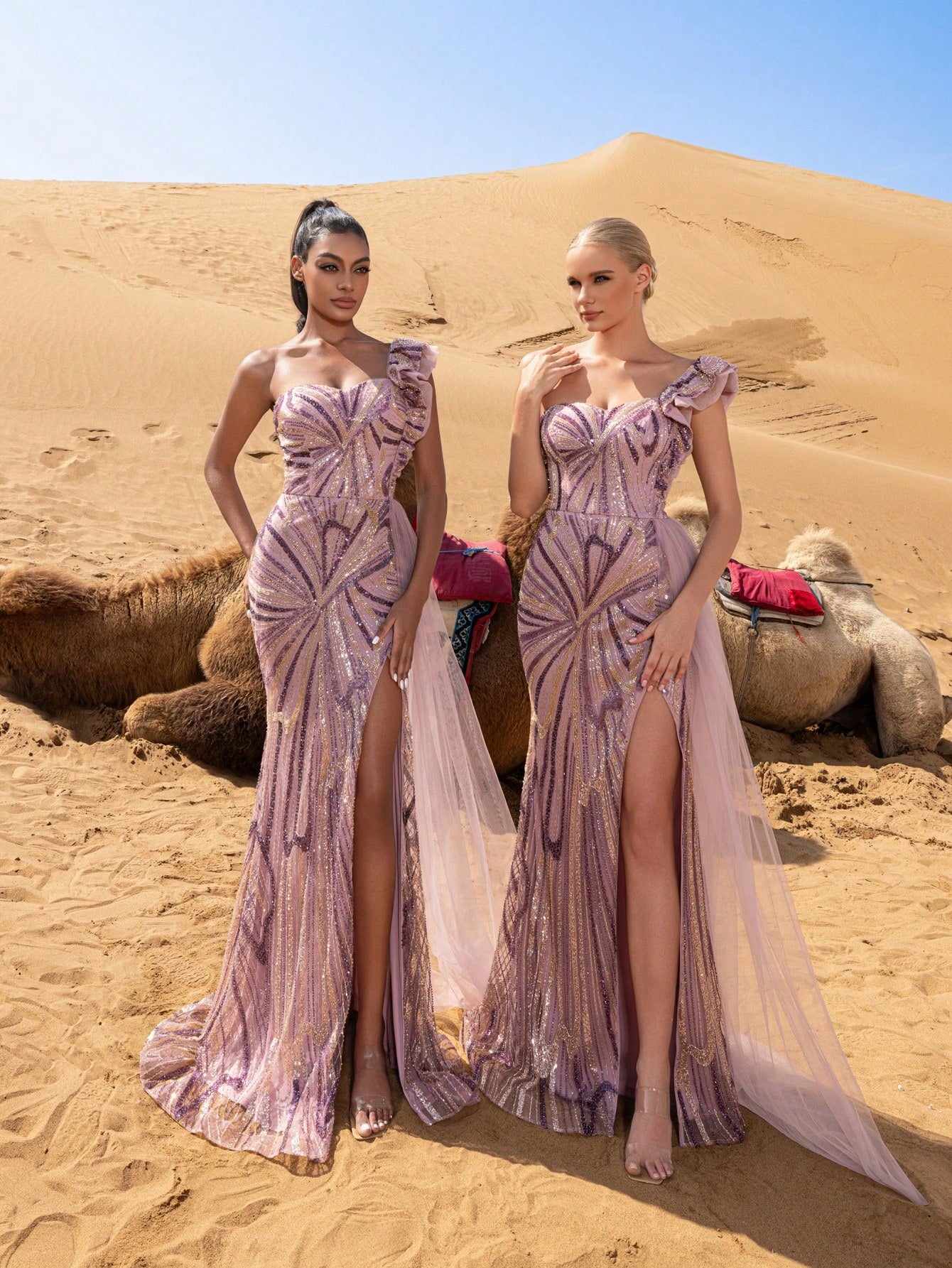 Elegant One-Shoulder Beaded Evening Gown with Ruffle Trim, Draped Side Detail, Flowing Train & High Thigh Split – Formal Party Dress