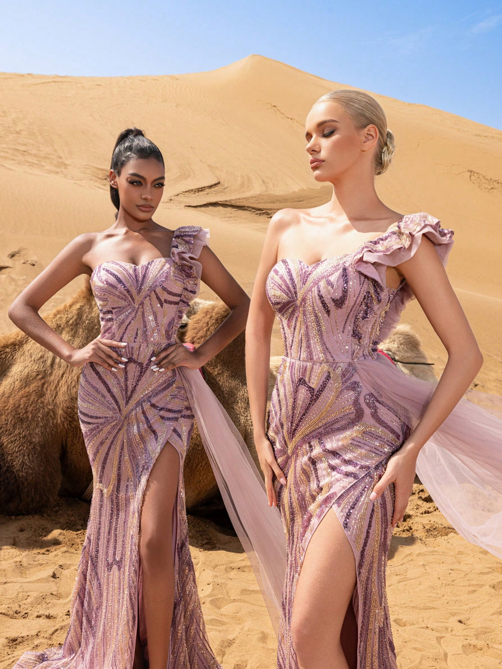 Elegant One-Shoulder Beaded Evening Gown with Ruffle Trim, Draped Side Detail, Flowing Train & High Thigh Split – Formal Party Dress