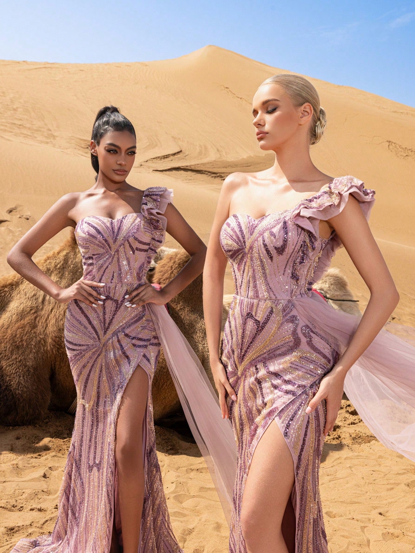 Elegant One-Shoulder Beaded Evening Gown with Ruffle Trim, Draped Side Detail, Flowing Train & High Thigh Split – Formal Party Dress