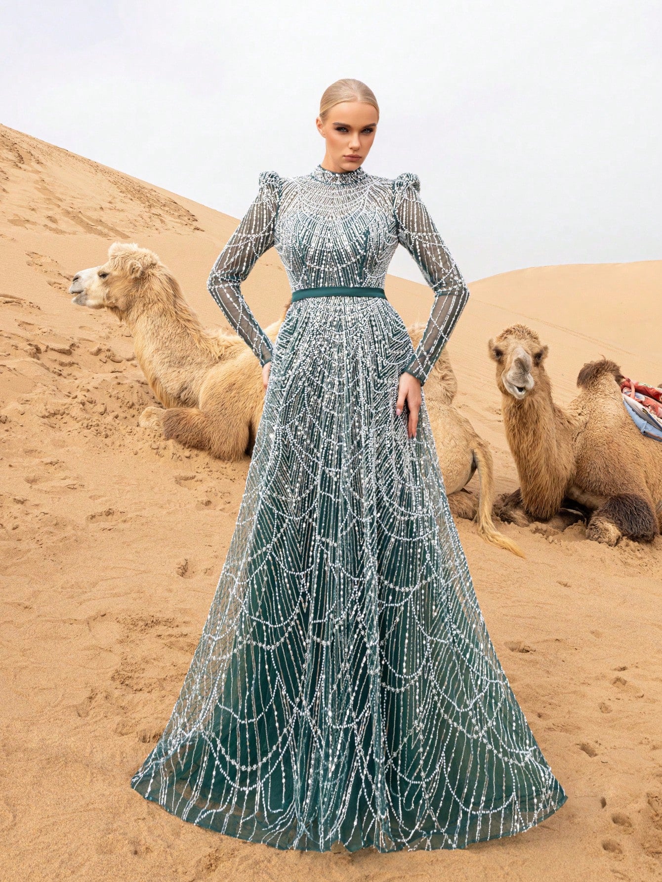 Gorgeous Luxury Stand Collar Long Sleeve Beaded Gowns Formal Dresses & Evening Gowns