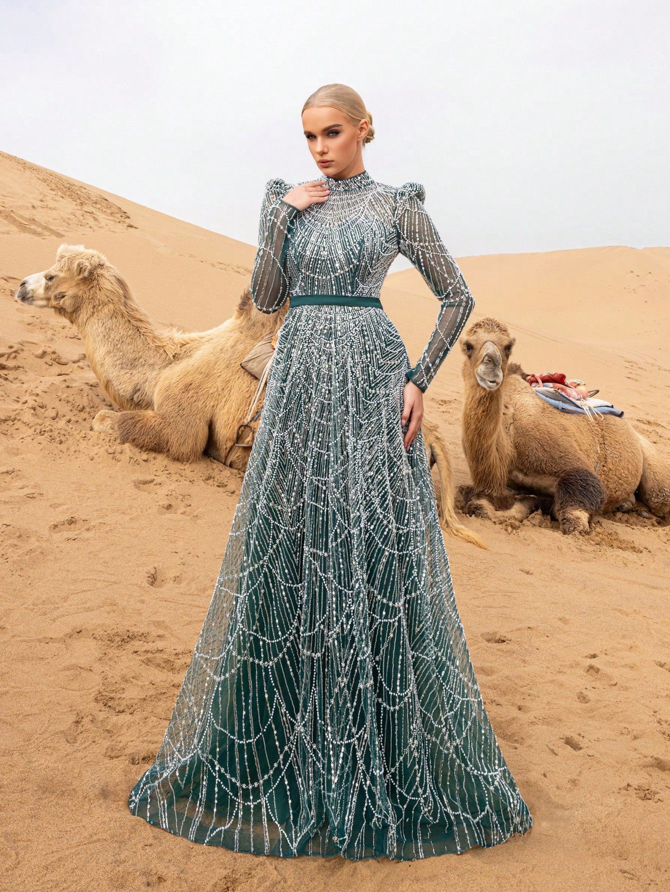 Gorgeous Luxury Stand Collar Long Sleeve Beaded Gowns Formal Dresses & Evening Gowns