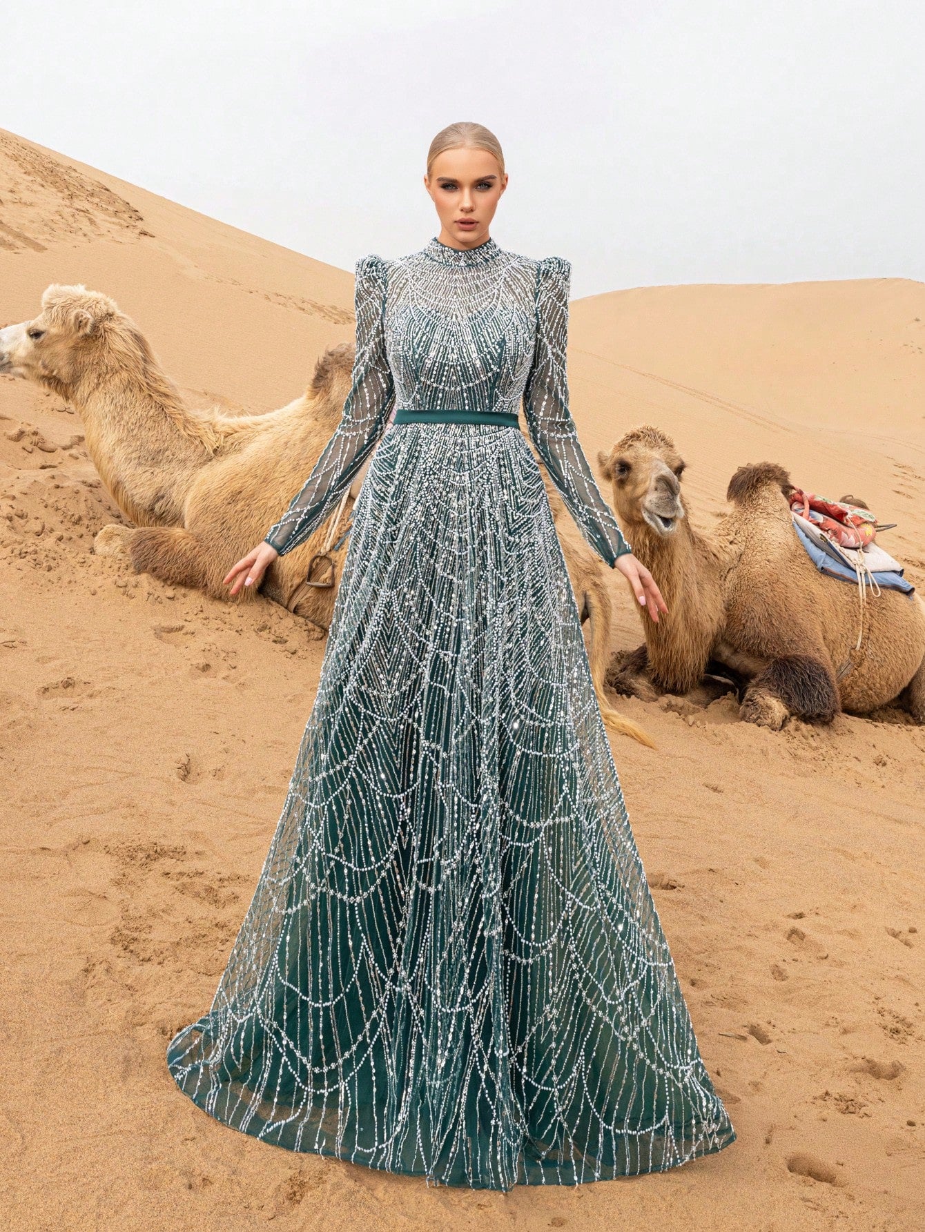 Gorgeous Luxury Stand Collar Long Sleeve Beaded Gowns Formal Dresses & Evening Gowns