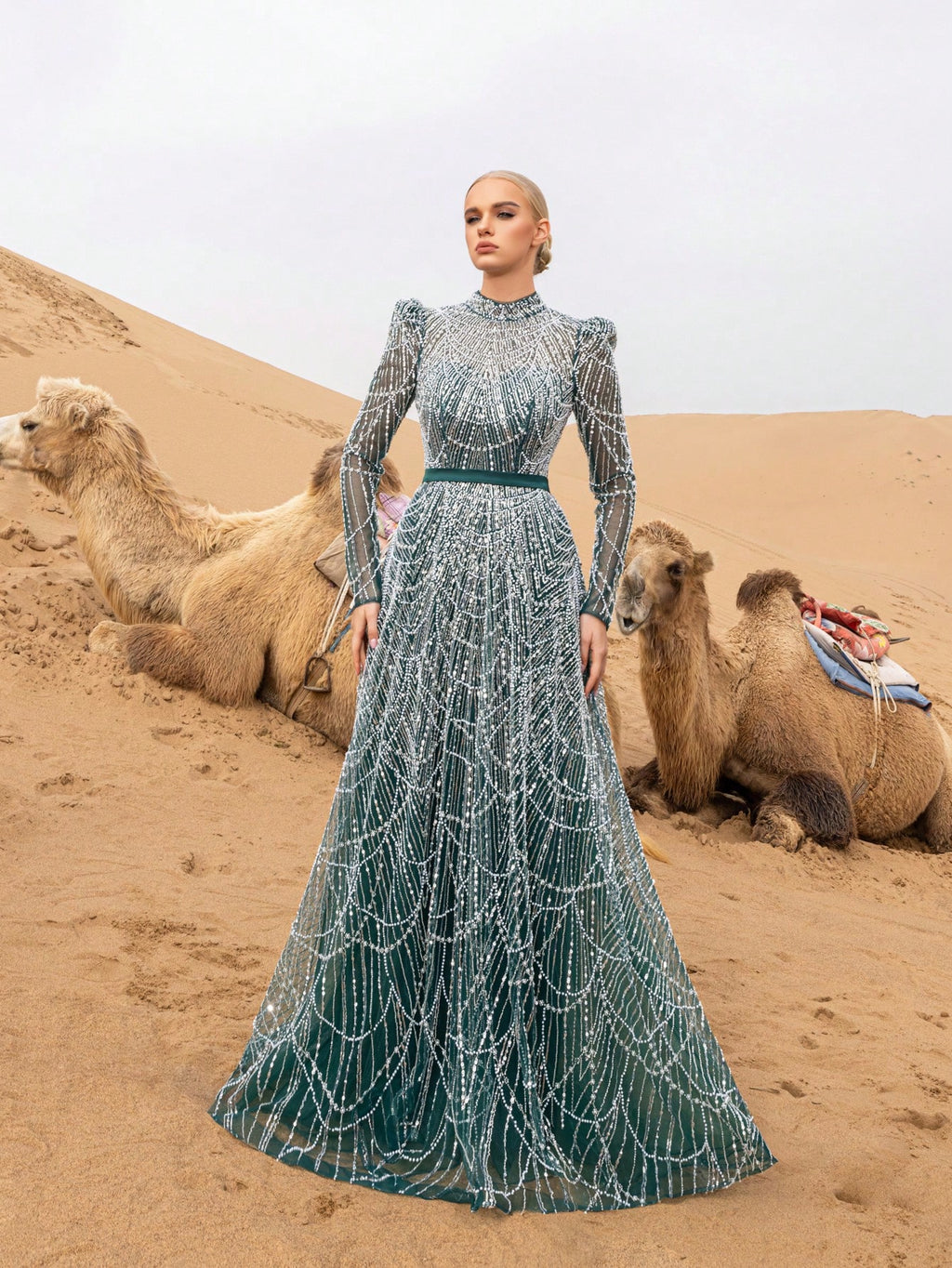 Gorgeous Luxury Stand Collar Long Sleeve Beaded Gowns Formal Dresses & Evening Gowns