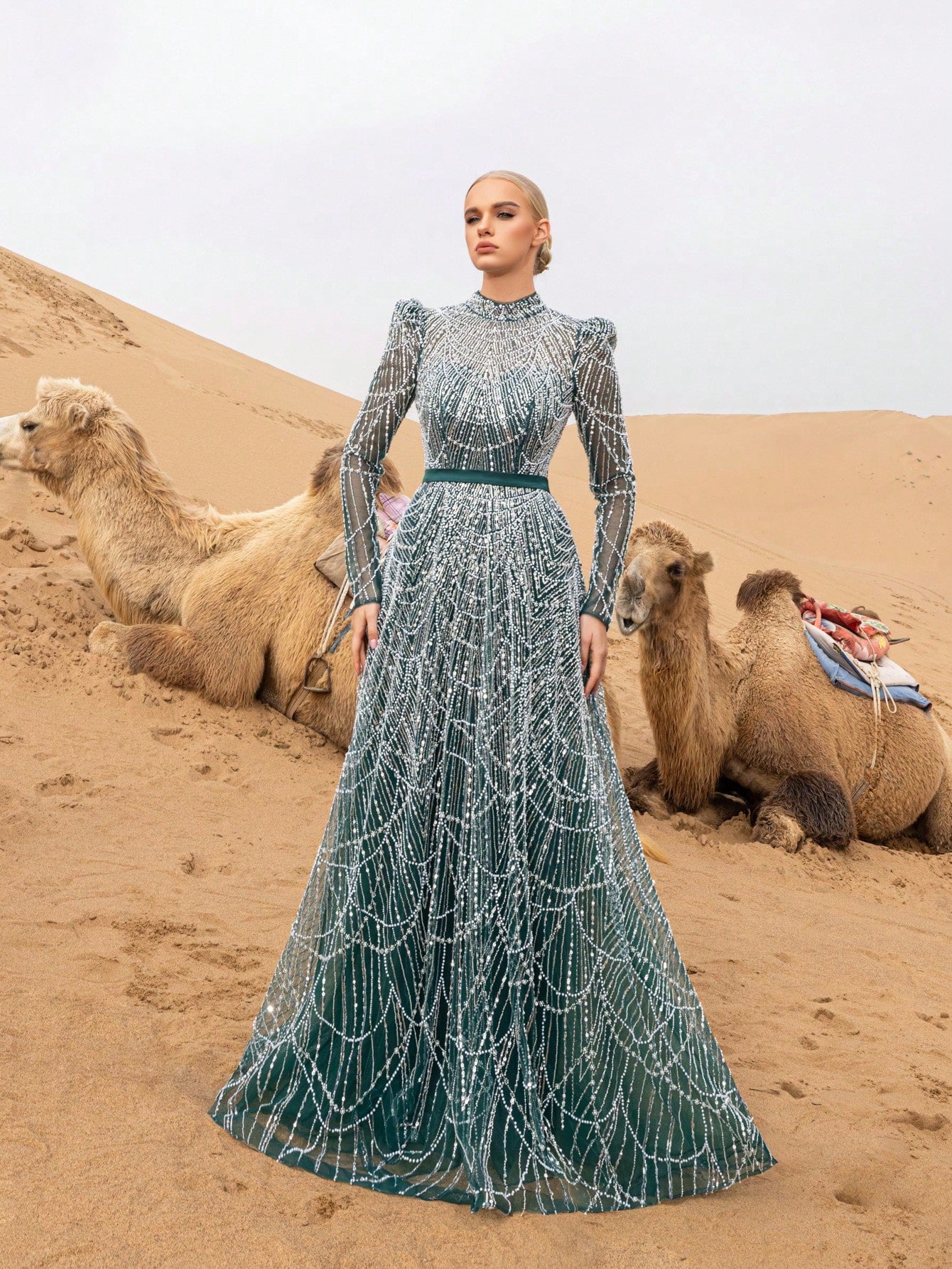 Gorgeous Luxury Stand Collar Long Sleeve Beaded Gowns Formal Dresses & Evening Gowns