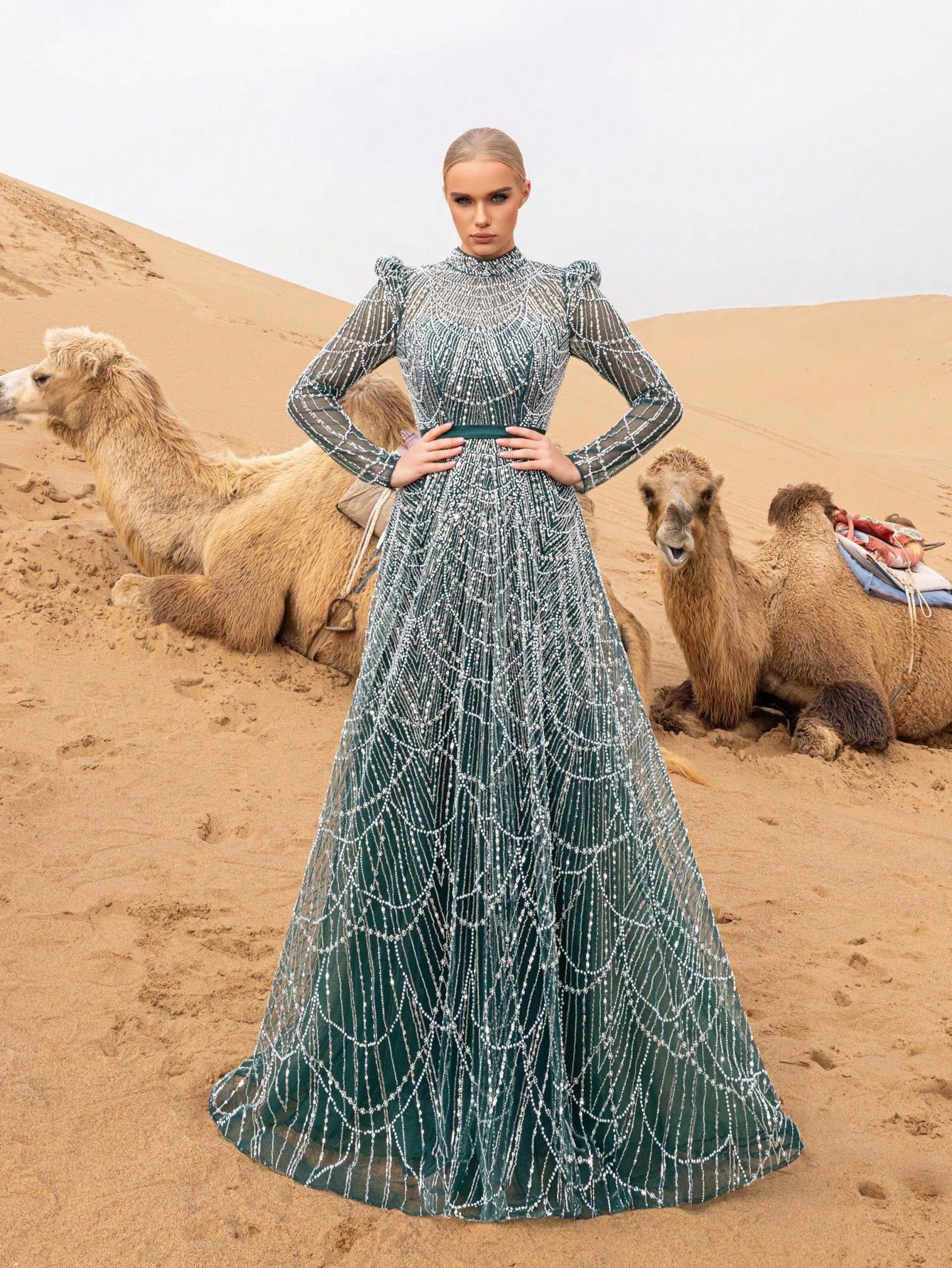 Gorgeous Luxury Stand Collar Long Sleeve Beaded Gowns Formal Dresses & Evening Gowns